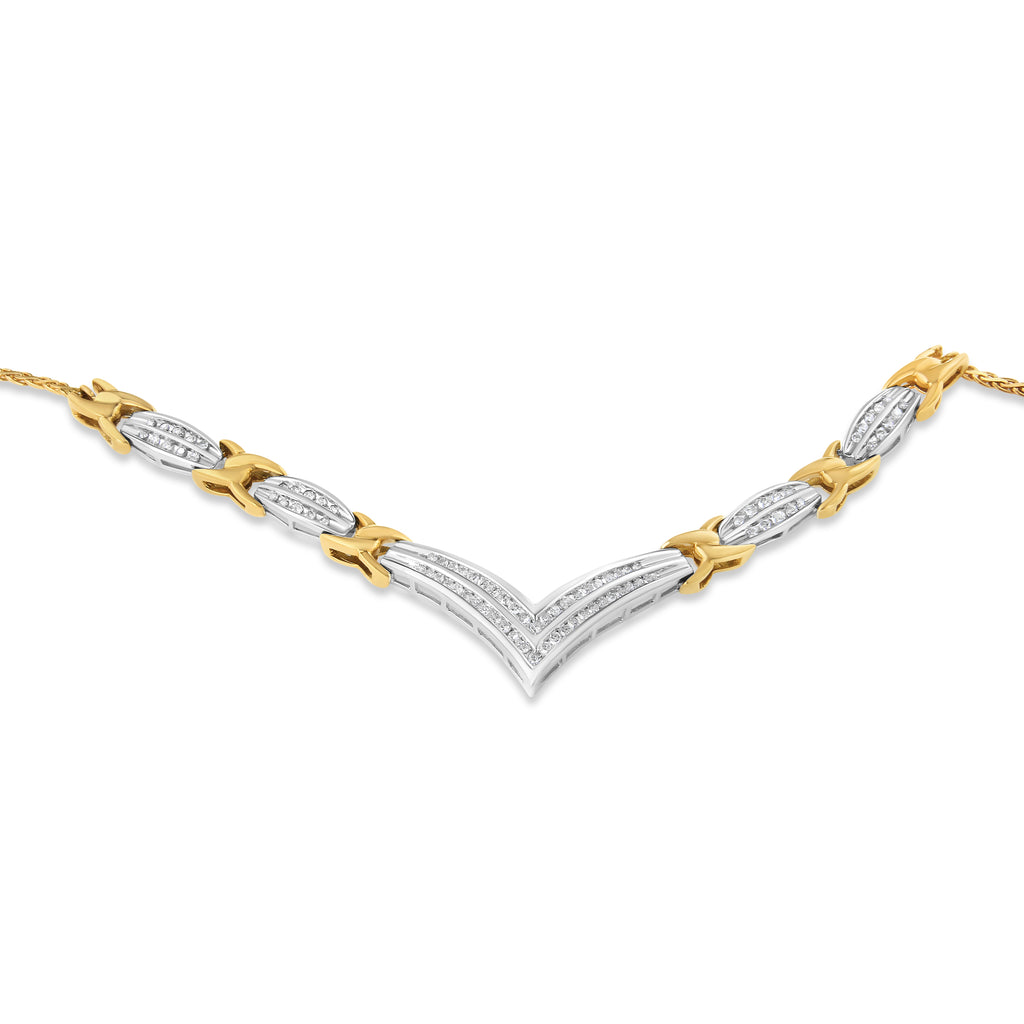 10K Yellow and White Gold 1.0 Cttw Round and Princess Cut Diamond "V" Shape Statement Necklace (I-J Color, I1-I2 Clarity)