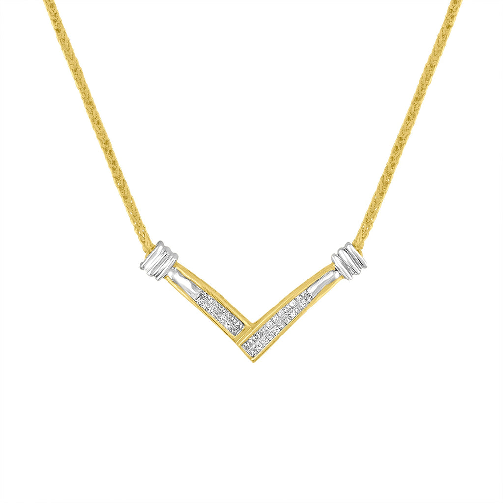 14K Yellow and White Gold 1/4 Carat Total Weight Princess Cut Diamond Channel-Set "V" Shape 18" Pendant Necklace (H-I Color, SI2-I1 Clarity)