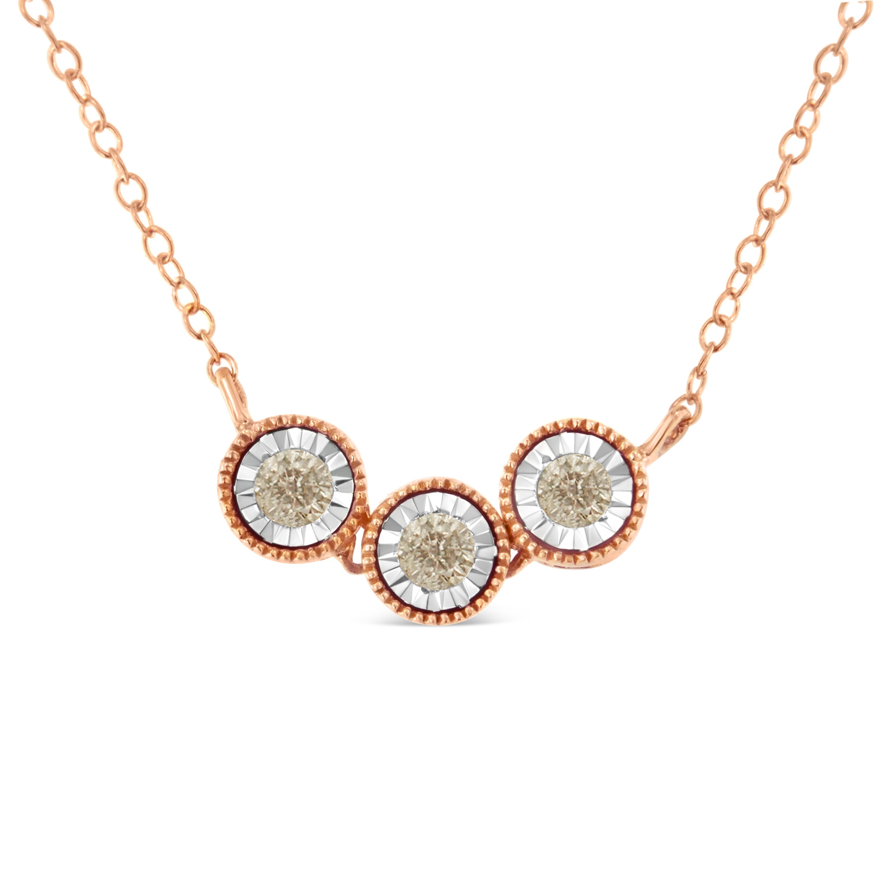 10K Rose and White Gold Plated .925 Sterling Silver 1/4 Carat Total Weight Miracle-Set Champagne Diamond Triple Circle 18" Necklace (I2-I3 Clarity)