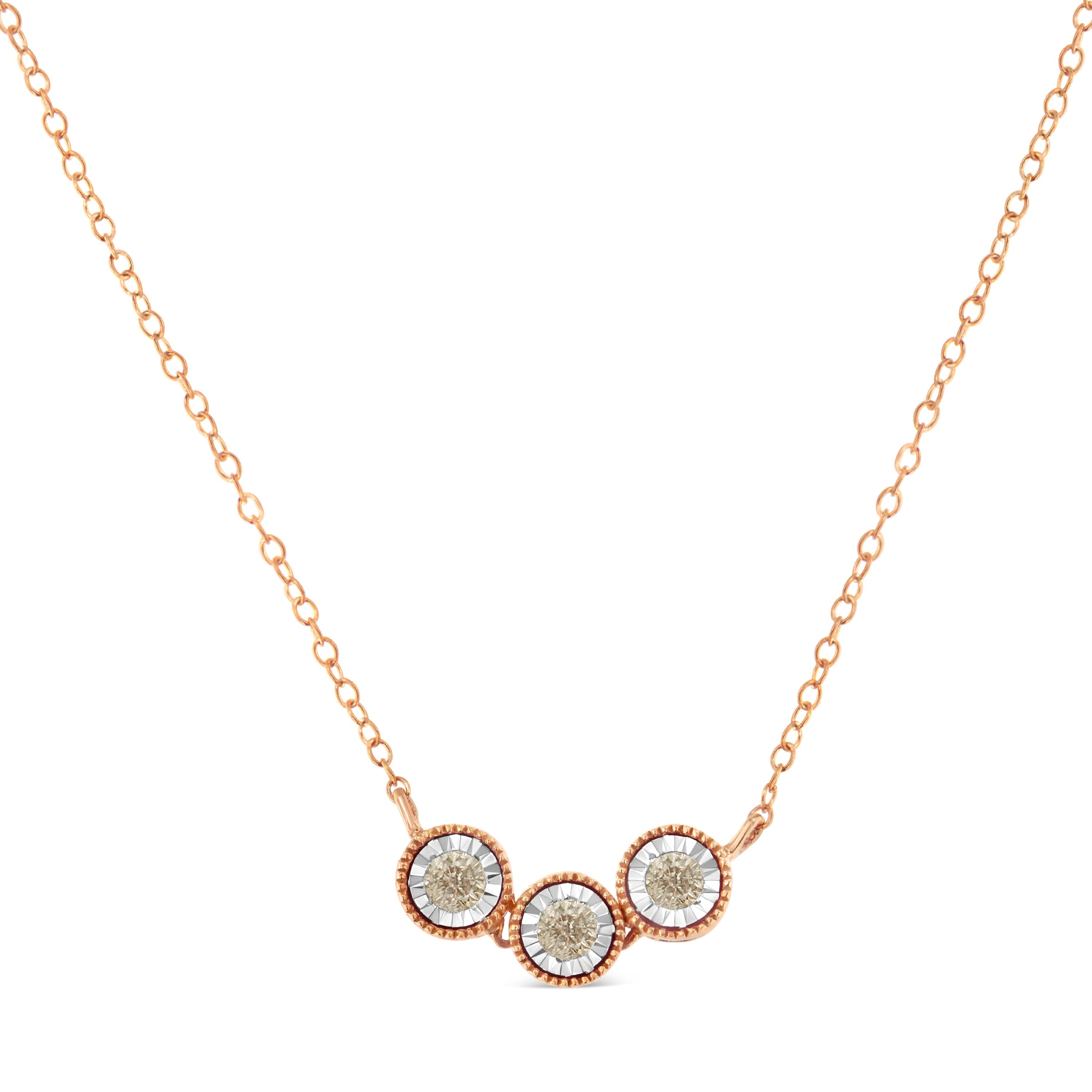 10K Rose and White Gold Plated .925 Sterling Silver 1/4 Carat Total Weight Miracle-Set Champagne Diamond Triple Circle 18" Necklace (I2-I3 Clarity)