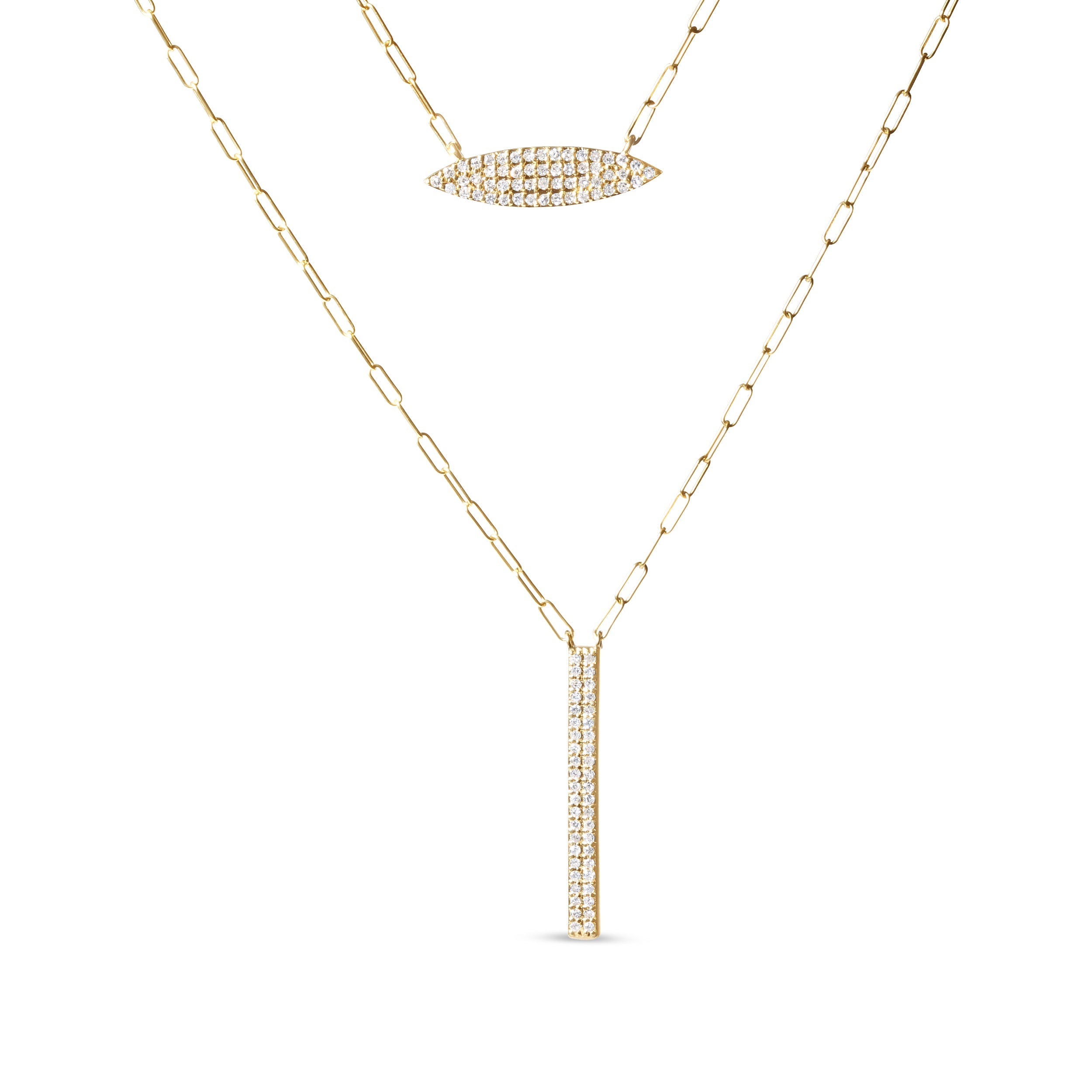 14K Yellow Gold 3/8 Cttw Two-Strand Marquise and Bar Charm Paper Clip Link Pendant Necklace (I-J Color, I1-I2 Clarity) - 18" and 20" Inch Lengths