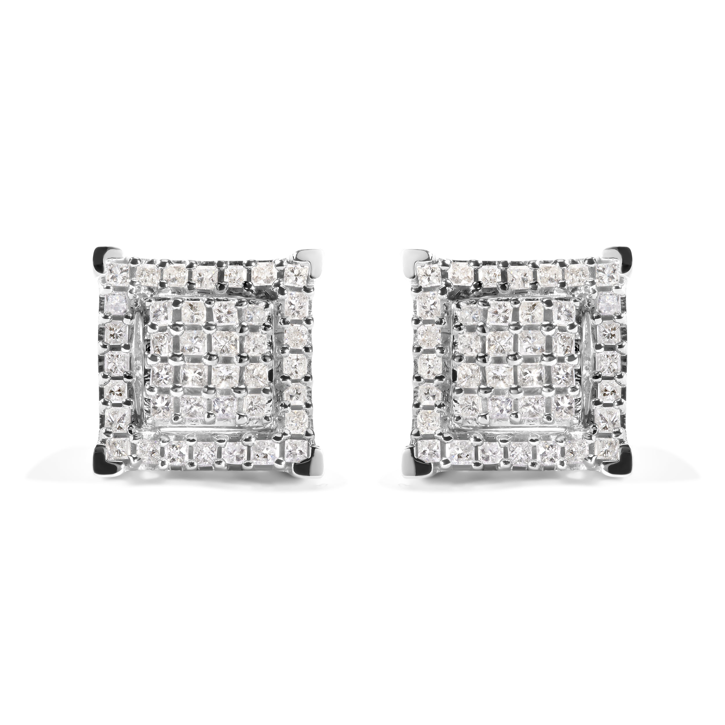 10K White Gold 1 1/4 Cttw Princess Diamond Composite Double Square and Halo Stud Earrings (I-J Color, I1-I2 Clarity)