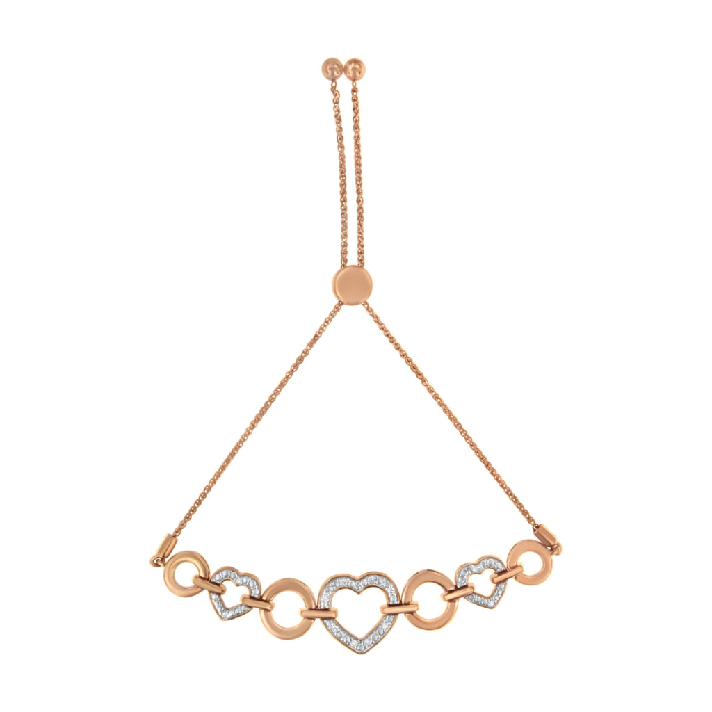 14K Rose Gold Plated .925 Sterling Silver Diamond Accent Circle and Heart Link Adjustable 6"-10" Bolo Bracelet (I-J Color, I3 Clarity)