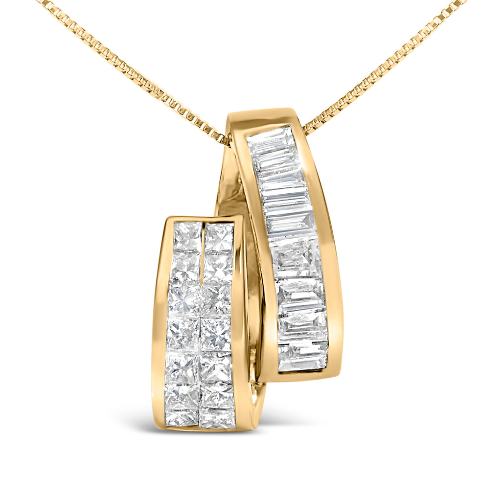 14K Yellow Gold 1 5/8 Carat Total Weight Princess and Baguette Diamond Duo Bar Pendant Necklace (G-H Color, VS2-SI1 Clarity) - 18"