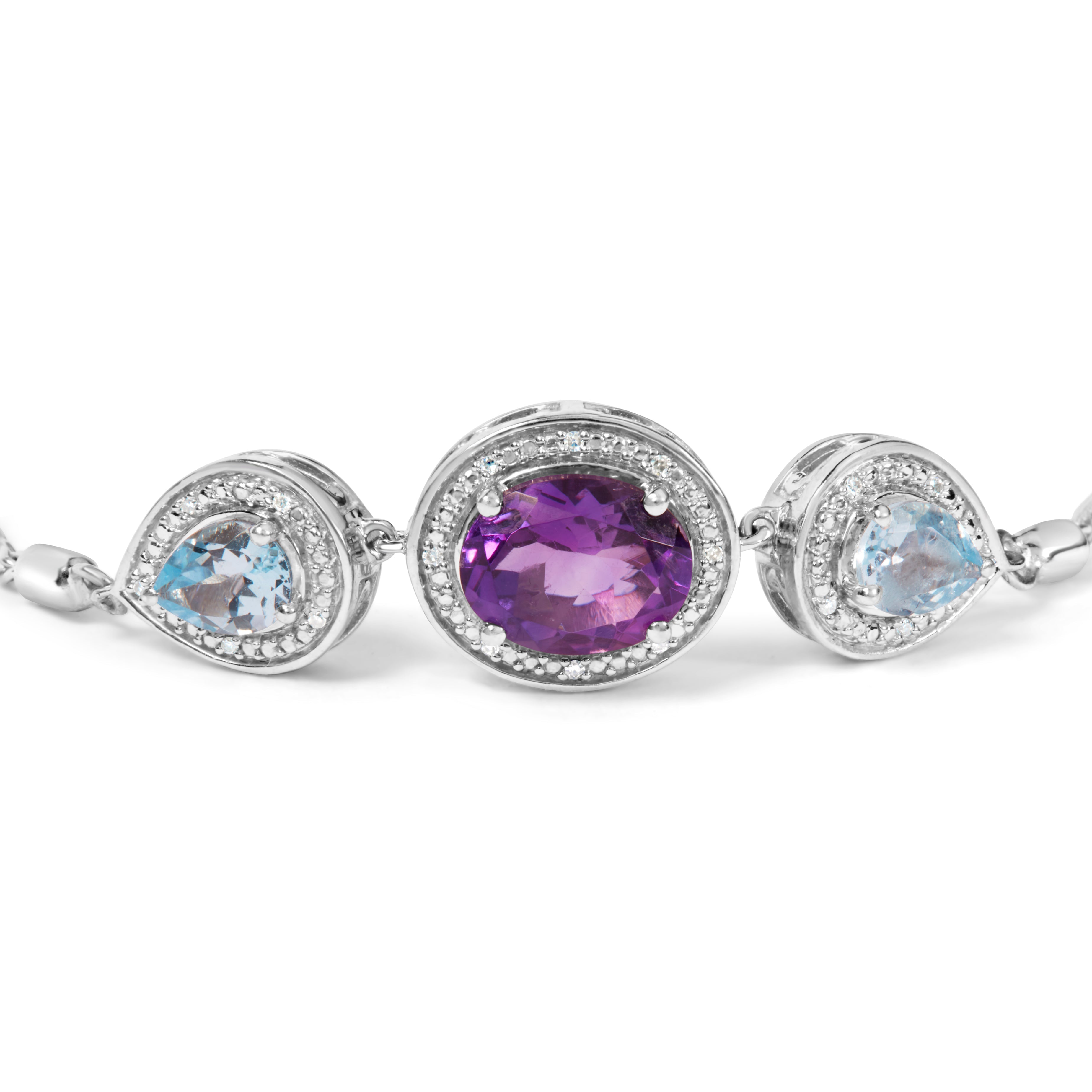 .925 Sterling Silver Oval Amethyst and Pear Blue Topaz with Diamond Accent Lariat 4"-10" Adjustable Bolo Bracelet (H-I Color, SI1-SI2 Clarity)