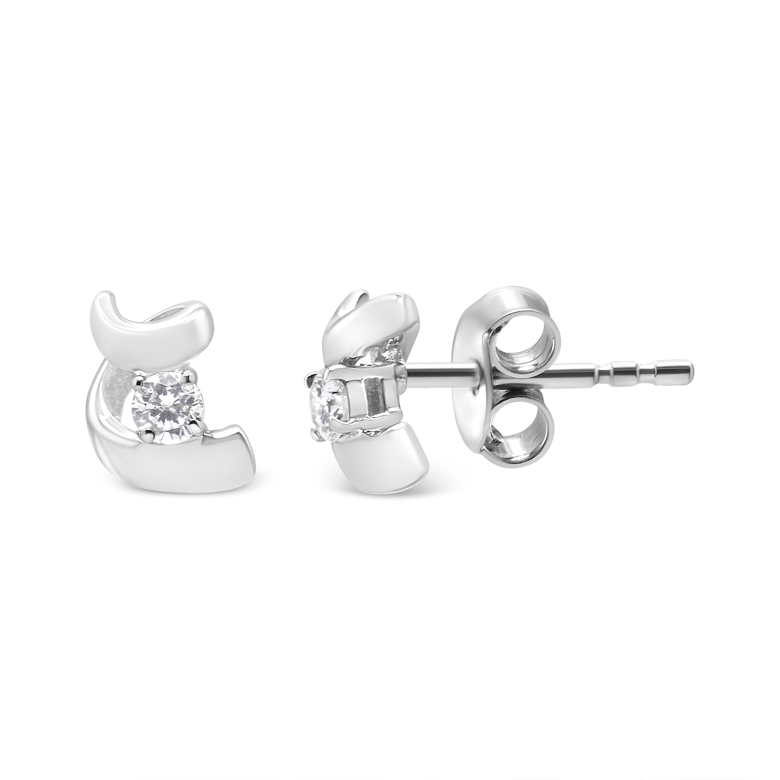 10K White Gold 1/10 Cttw Round Brilliant-Cut Diamond Espira Swirls Solitaire Push Back Stud Earrings (I-J Color, I1-I2 Clarity)