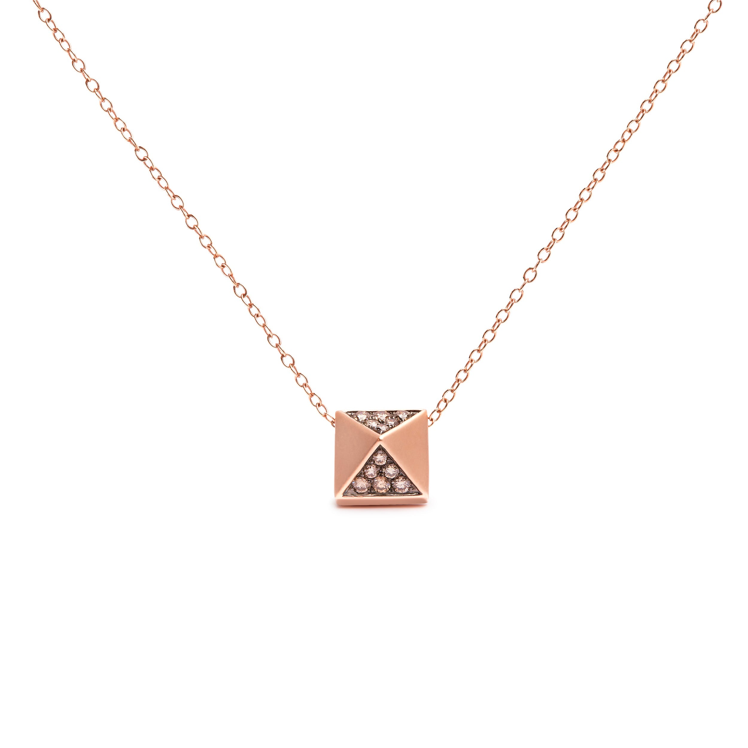 14K Rose Gold 1/4 Carat Total Weight Brown Diamond Matte Finished Pyramid Pendant Necklace (Brown Color, SI1-SI2 Clarity) - 18" Inches