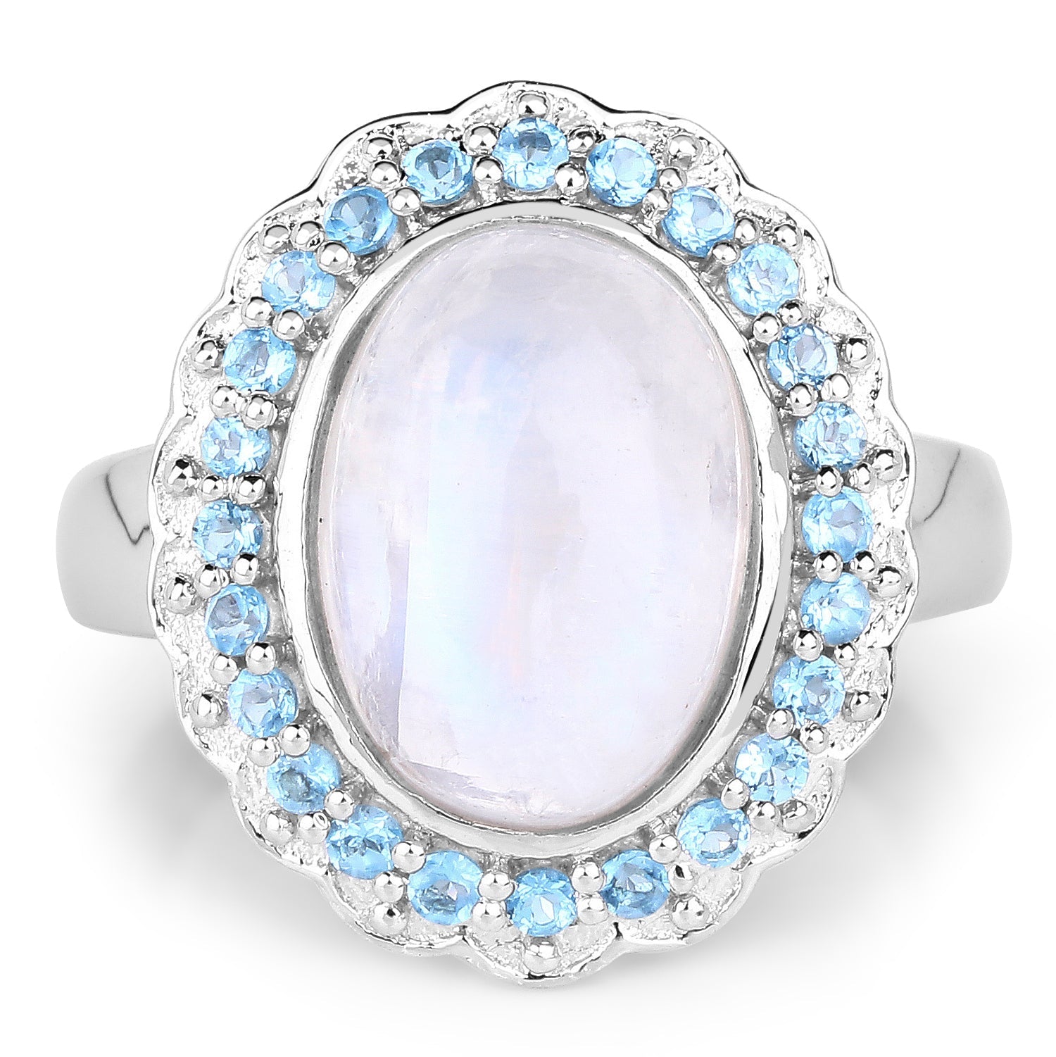 7.21 Carat Genuine White Rainbow Moonstone & Swiss Blue Topaz .925 Sterling Silver Ring