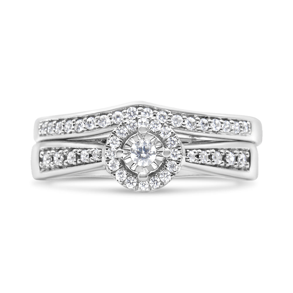 .925 Sterling Silver 1/3 Cttw Diamond Halo and Pave Shank Engagement Ring Set (I-J Color, I3 Clarity) - Ring Size 7