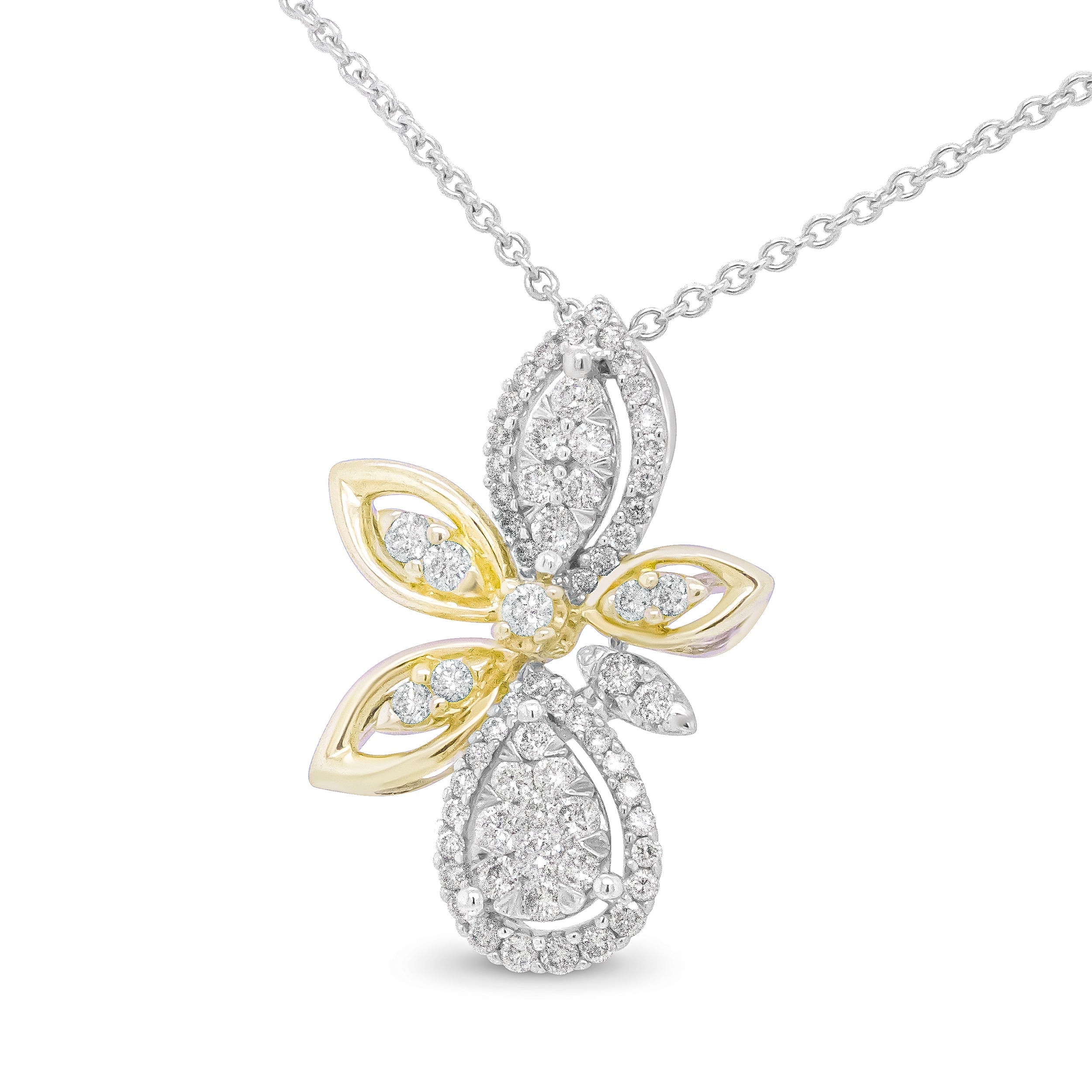 14K White and Yellow Gold 5/8 Carat Total Weight Round Diamond Marquise Floral Style 18" Pendant Necklace (H-I Color, I1-I2 Clarity)