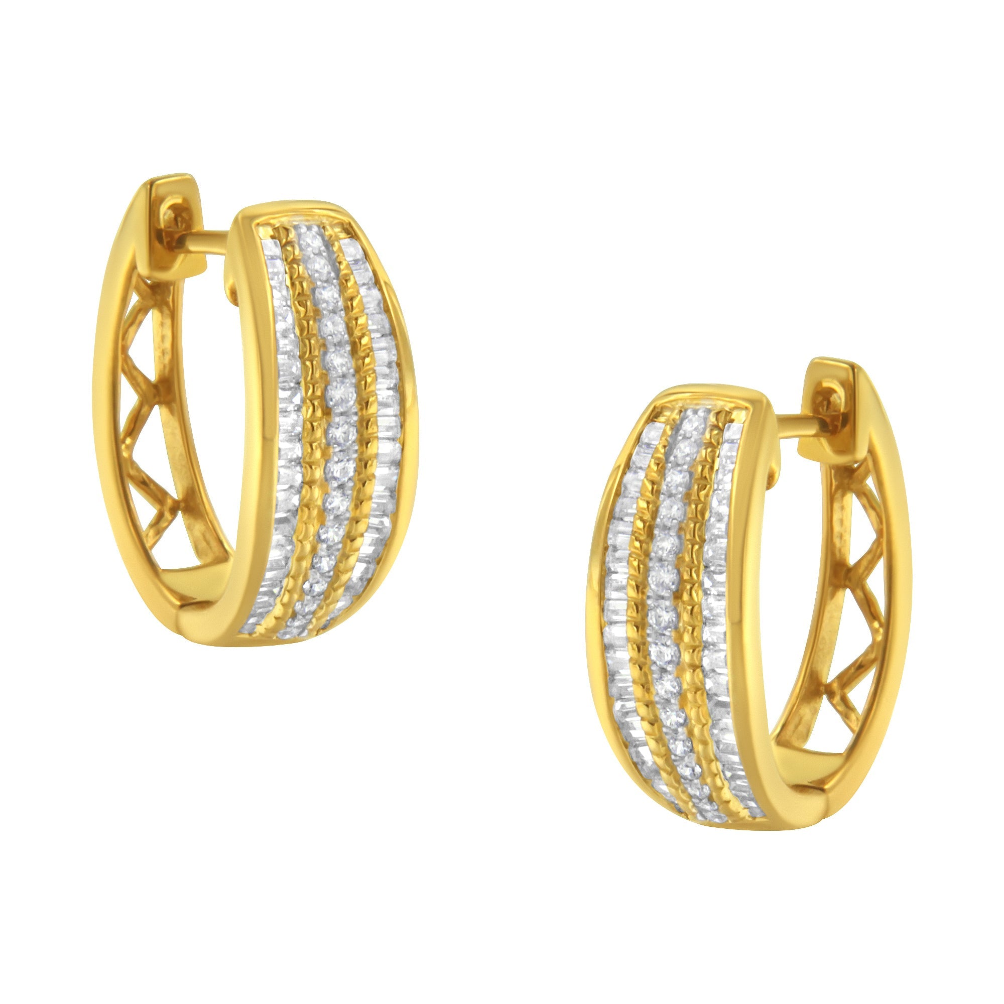 10K Yellow Gold 3/4 Carat Total Weight Pave and Channel Set Diamond Triple Row Modern Hoop Earrings (I-J Color, I2-I3 Clarity)