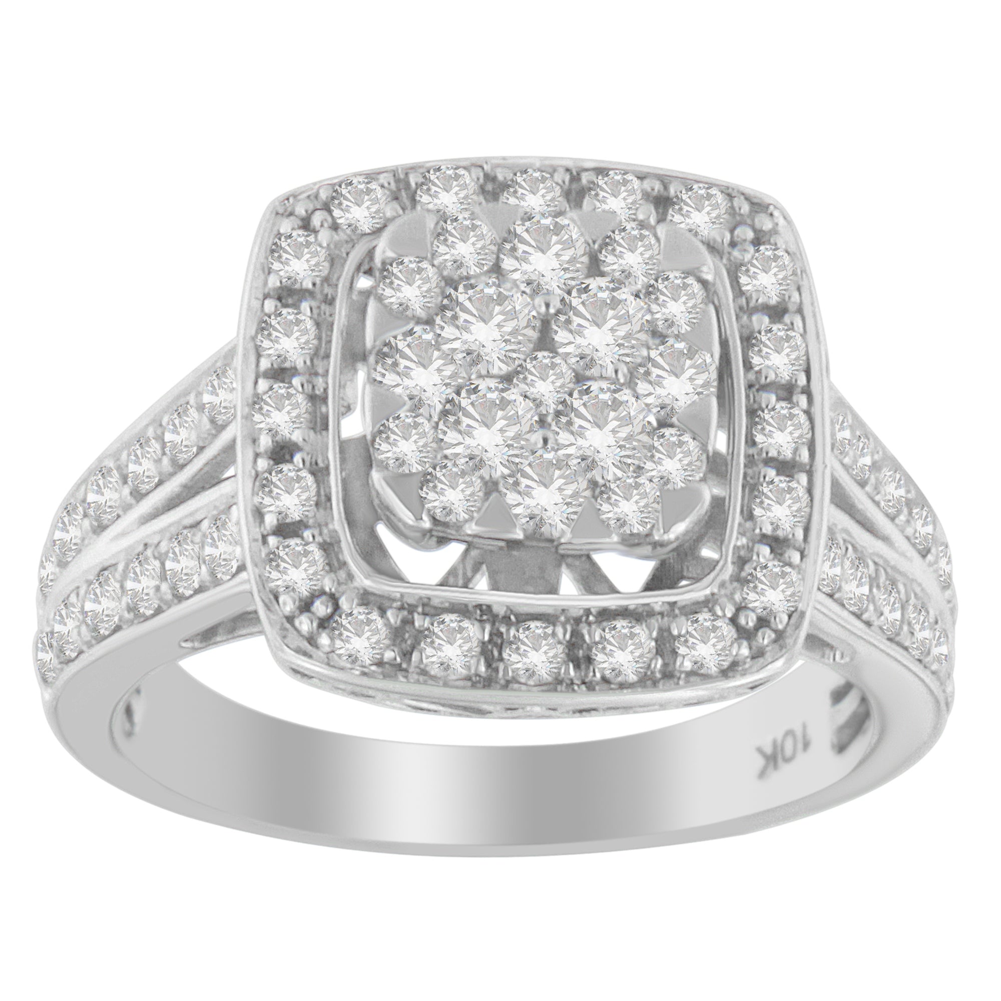 Anillo de racimo de diamantes de oro blanco de 10K (1 quilate total, color H-I, claridad SI2-I1) - Talla 6-1/2