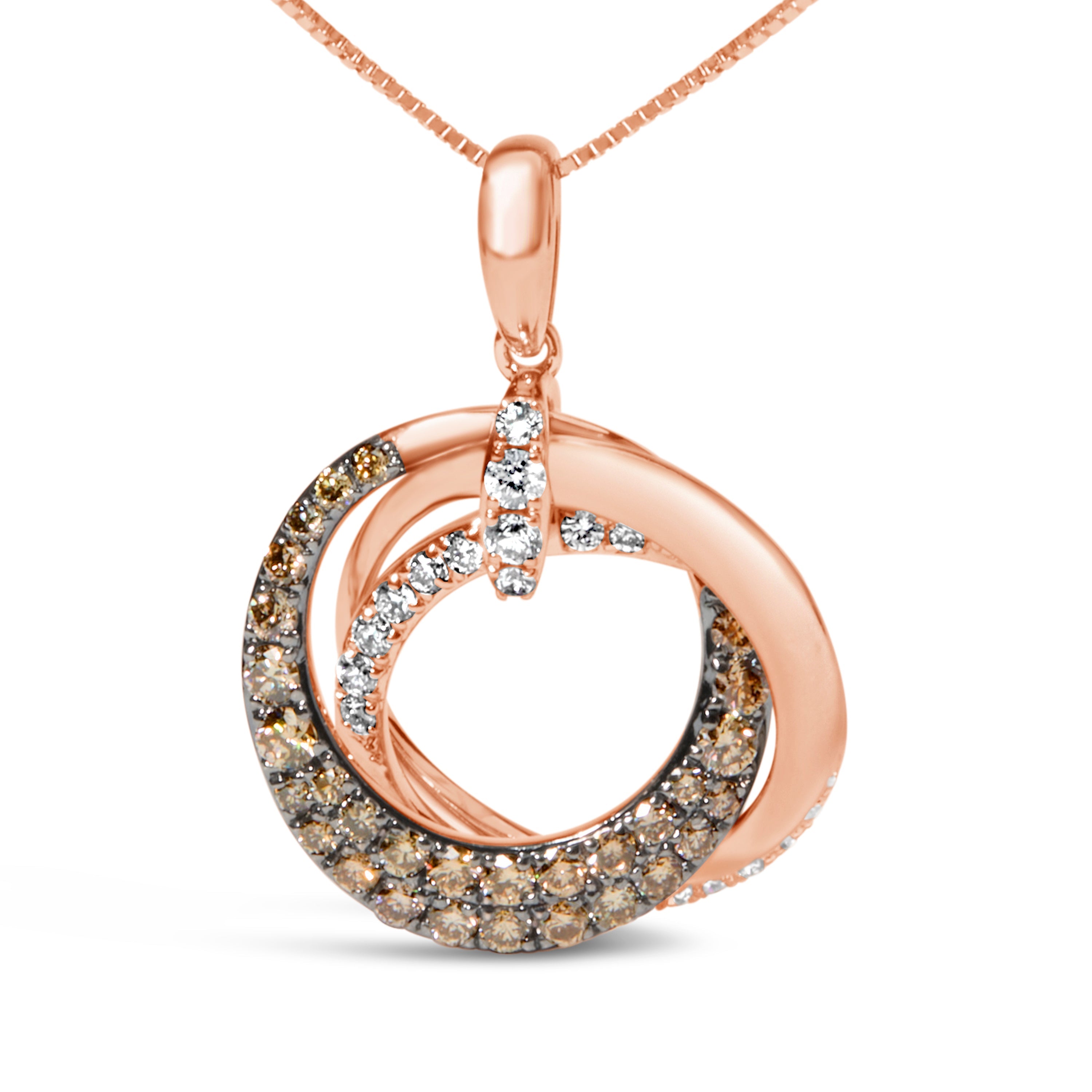 14K Rose Gold 3/4 Carat Total Weight Brown and White Diamond Interlocking Circle Hoop 18" Inch Pendant Necklace (G-H Color, SI2-I1 Clarity)