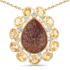 14K Yellow Gold Plated 5.14 Carat Genuine Red Druzy and Citrine .925 Sterling Silver Pendant