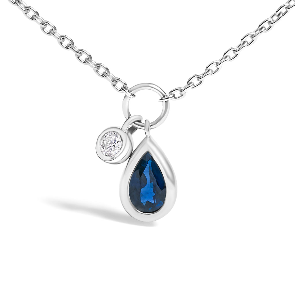 10K White Gold 6x4 mm Pear Blue Sapphire and Diamond Accent Charm Pendant Necklace - 18" Inches