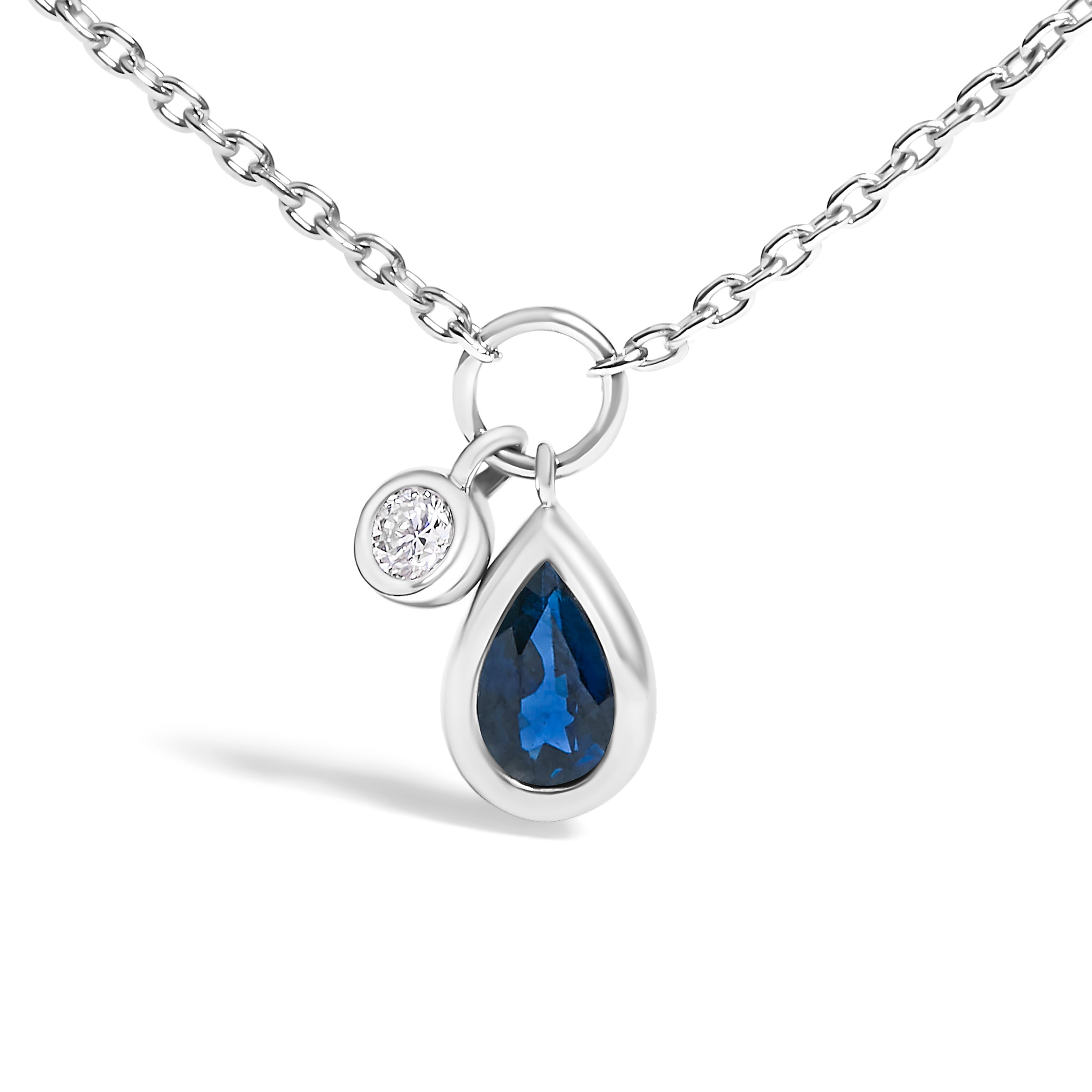 10K White Gold 6x4 mm Pear Blue Sapphire and Diamond Accent Charm Pendant Necklace - 18" Inches