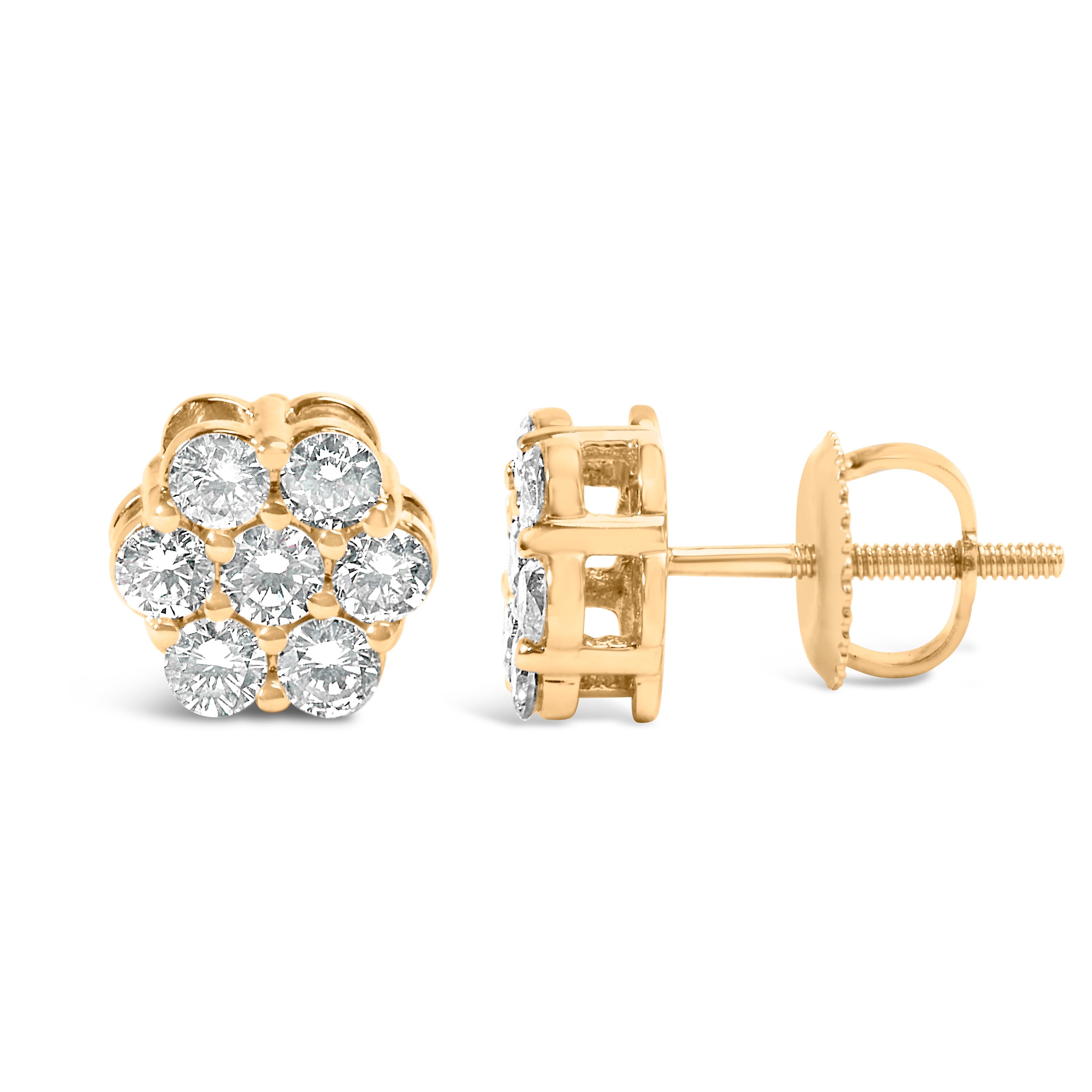 14K Yellow Gold 3/4 Carat Total Weight 7 Stone Floral Cluster Round Brilliant Cut Diamond Stud Earrings with Screw Backs (I-J Color, SI2-I1 Clarity)