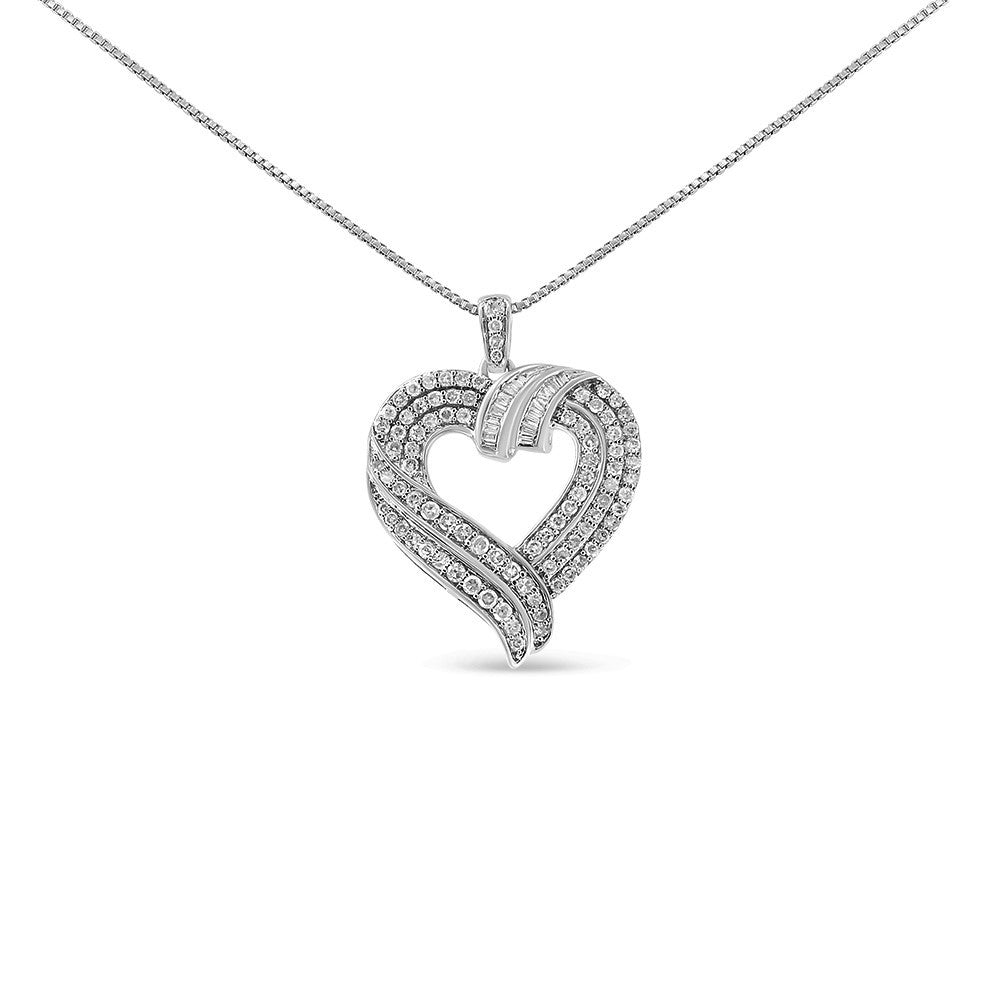 14K Yellow Gold Plated .925 Sterling Silver 1.00 Carat Total Weight Baguette Diamond Composite Open Heart 18" Inch Pendant Necklace (I-J Color, I1-I2 Clarity)