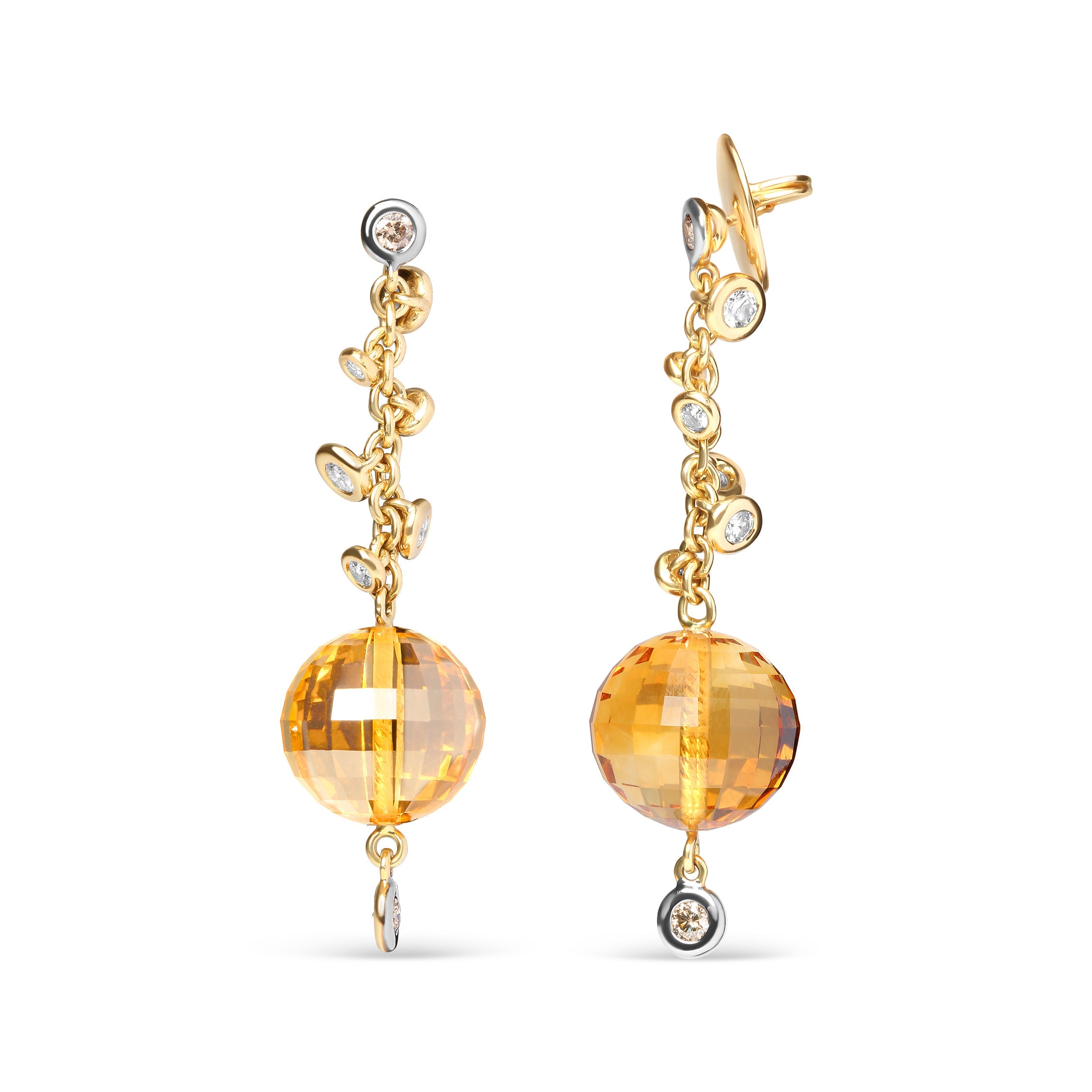 18K Yellow Gold 2/3 Cttw Round Bezel Diamond and 25mm Ball Shaped Yellow Citrine Gemstone Dangle Stud Earrings (Brown and G-H Color, SI1-SI2 Clarity)
