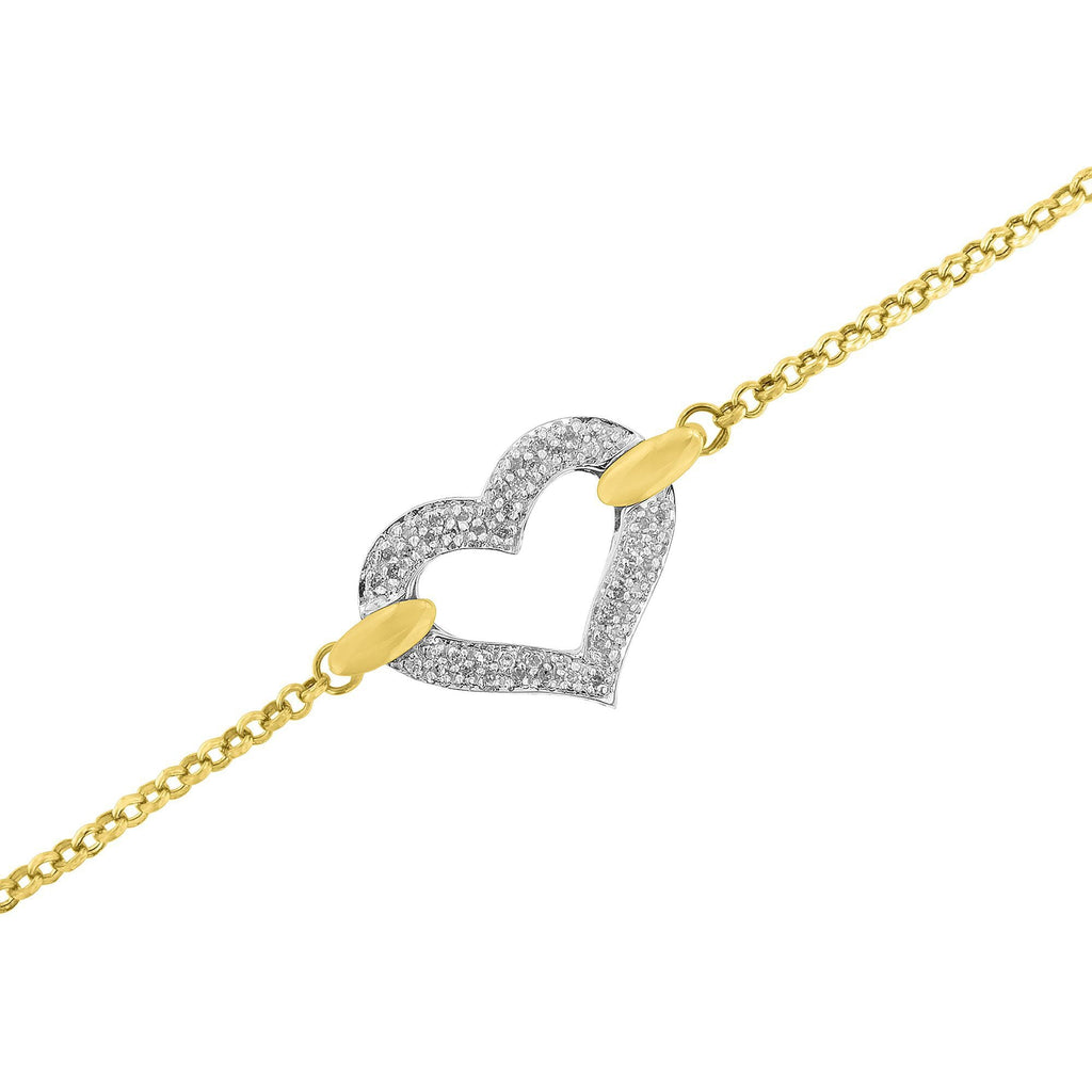 10K Two-Tone Gold 1/4 Cttw Diamond-Encrusted Heart Charm 7" Bracelet (H-I Color, I1-I2 Clarity)