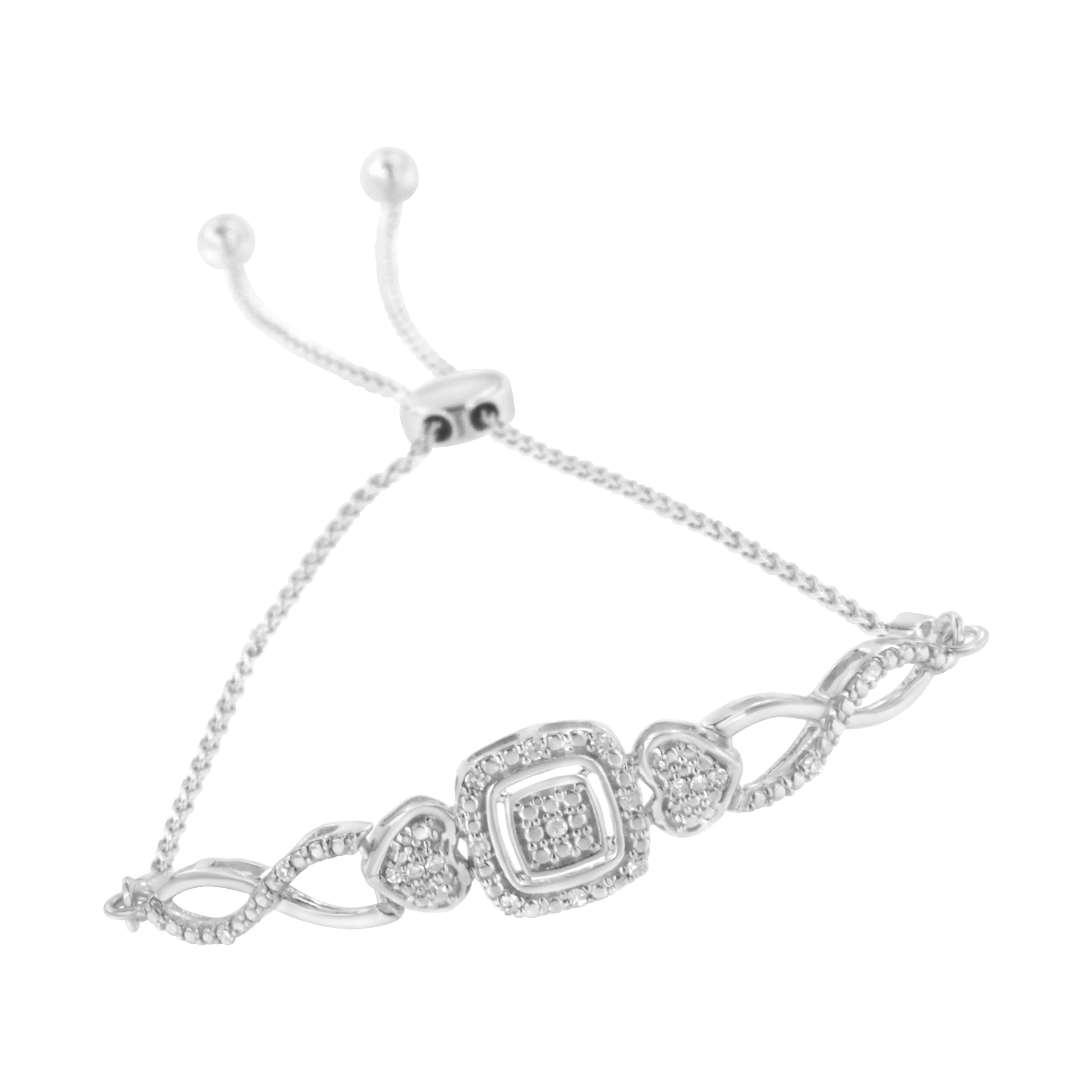 .925 Sterling Silver Diamond Cushion Frame Heart-Sides Twist 4"-10" Adjustable Bolo Tennis Bolo Bracelet (I-J Color, I3 Clarity)