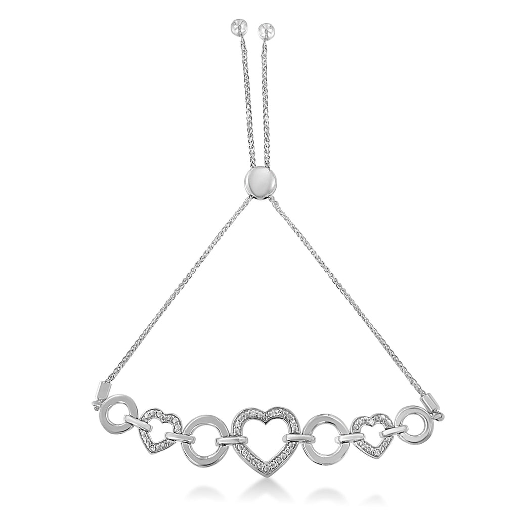 .925 Sterling Silver Diamond Accent Interlinking Triple Heart 4"-10" Adjustable Bolo Tennis Bracelet (H-I Color, I2-I3 Clarity)