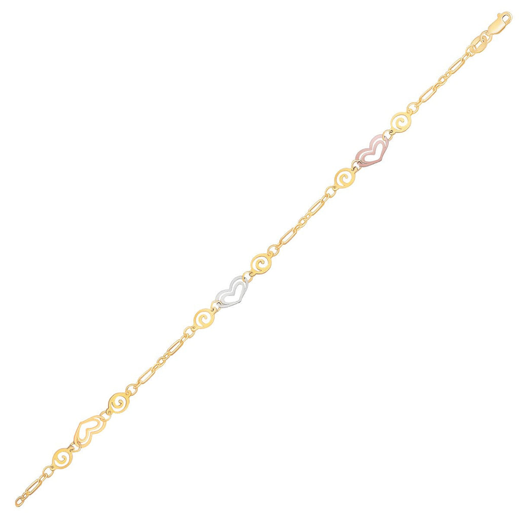 14k Tri-Color Gold Anklet with Multi-Color Heart Stations