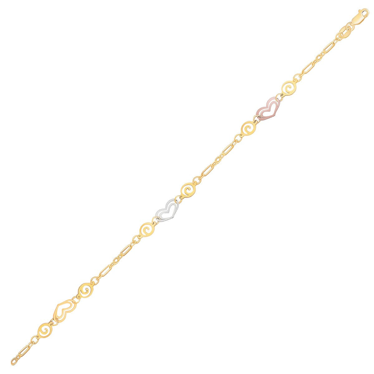 14k Tri-Color Gold Anklet with Multi-Color Heart Stations