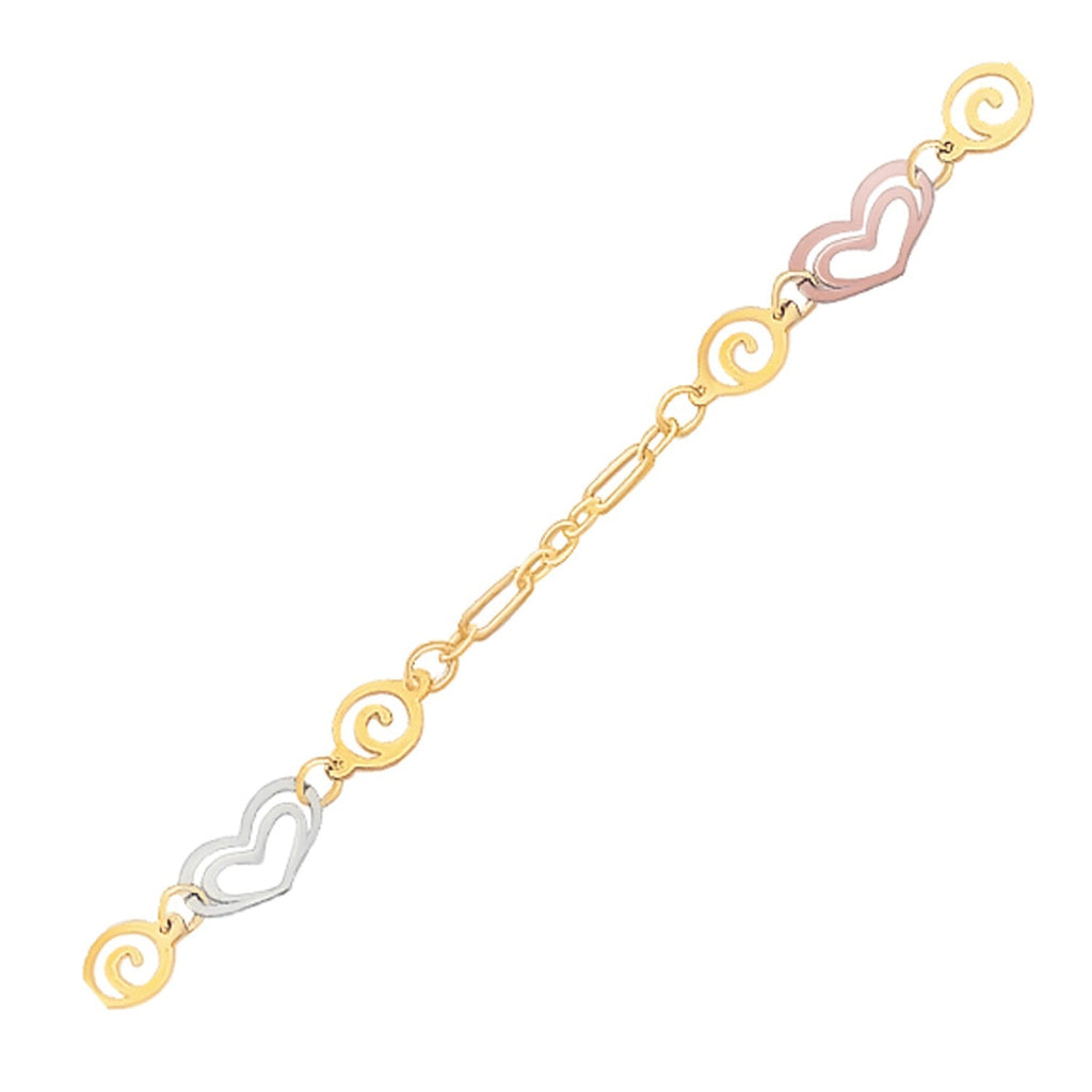 14k Tri-Color Gold Anklet with Multi-Color Heart Stations