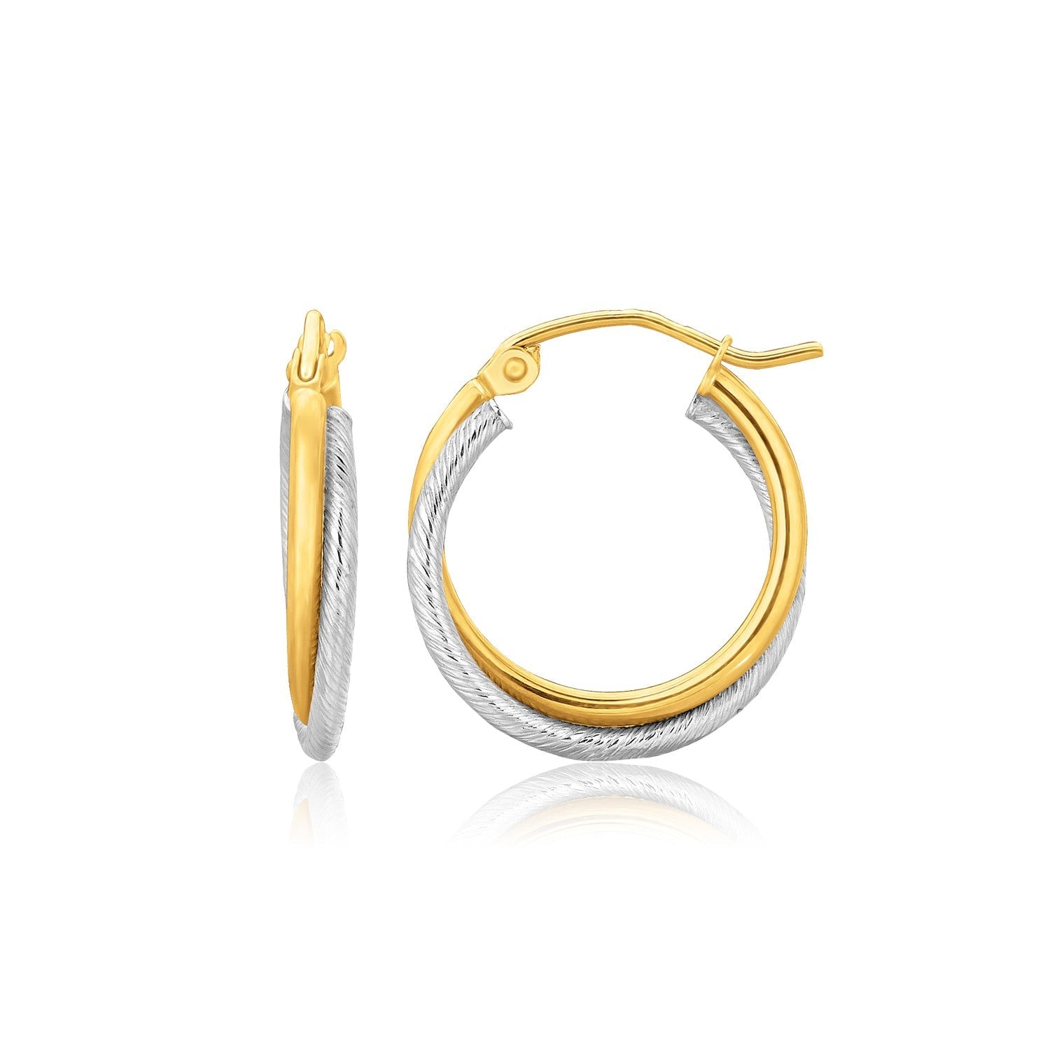 14k Two-Tone Gold Double Polished and Textured Hoop Earrings