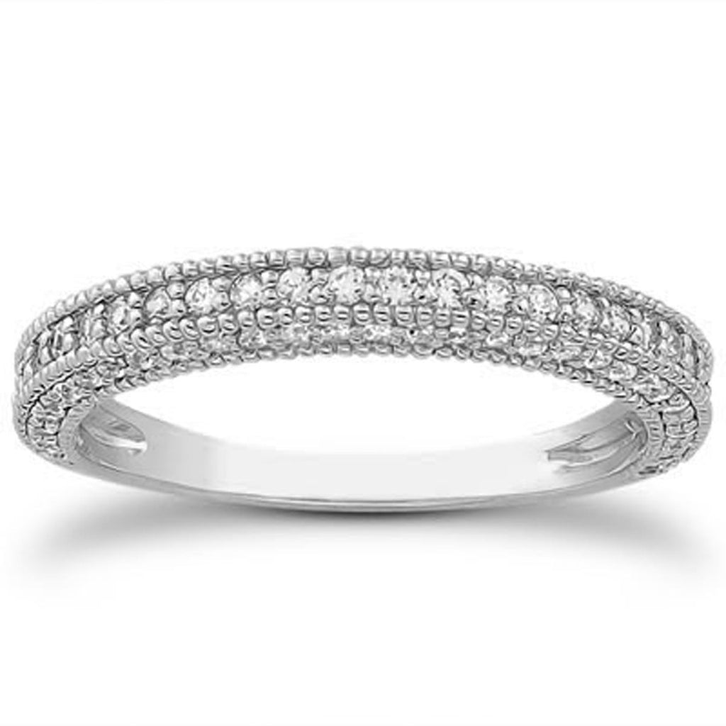 14k White Gold Fancy Pavé Diamond Milgrain Textured Wedding Ring Band