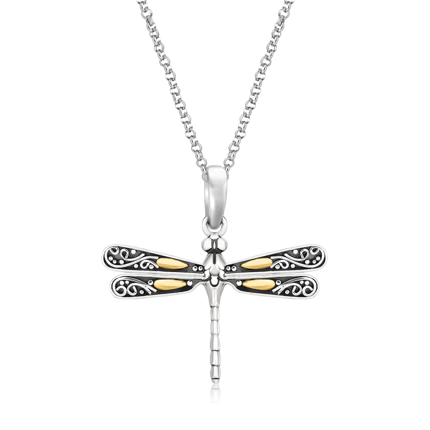18k Yellow Gold and Sterling Silver Dragonfly Design Pendant
