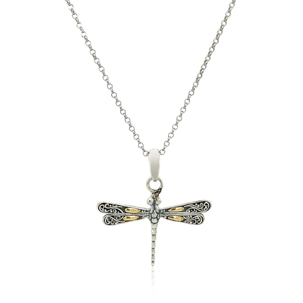 18k Yellow Gold and Sterling Silver Dragonfly Design Pendant