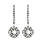 14k White Gold Double Halo Round Diamond Drop Earrings (1 ctw)