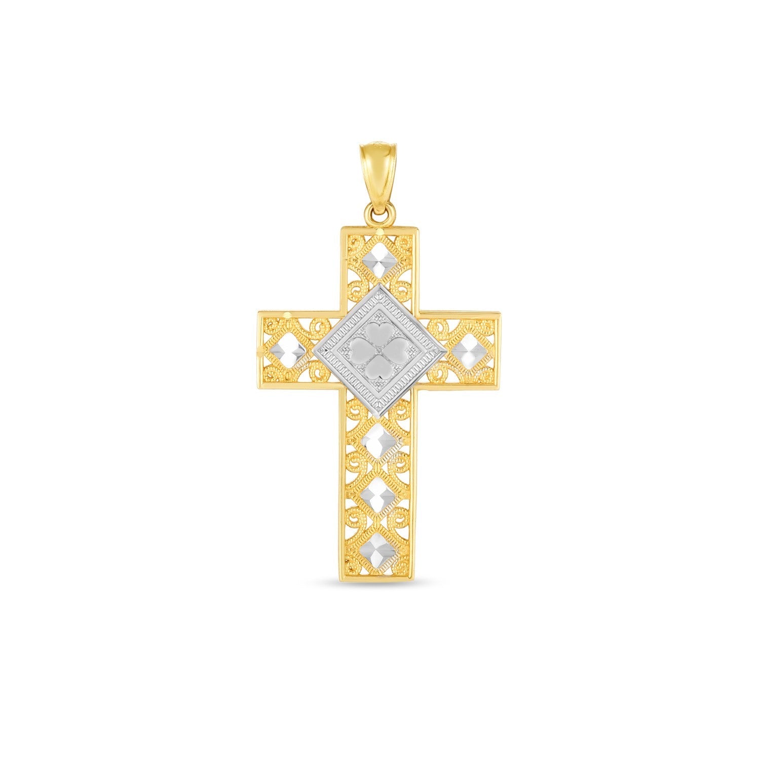 14k Two-Tone Gold High-Polish Diamond-Cut Cross Pendant
