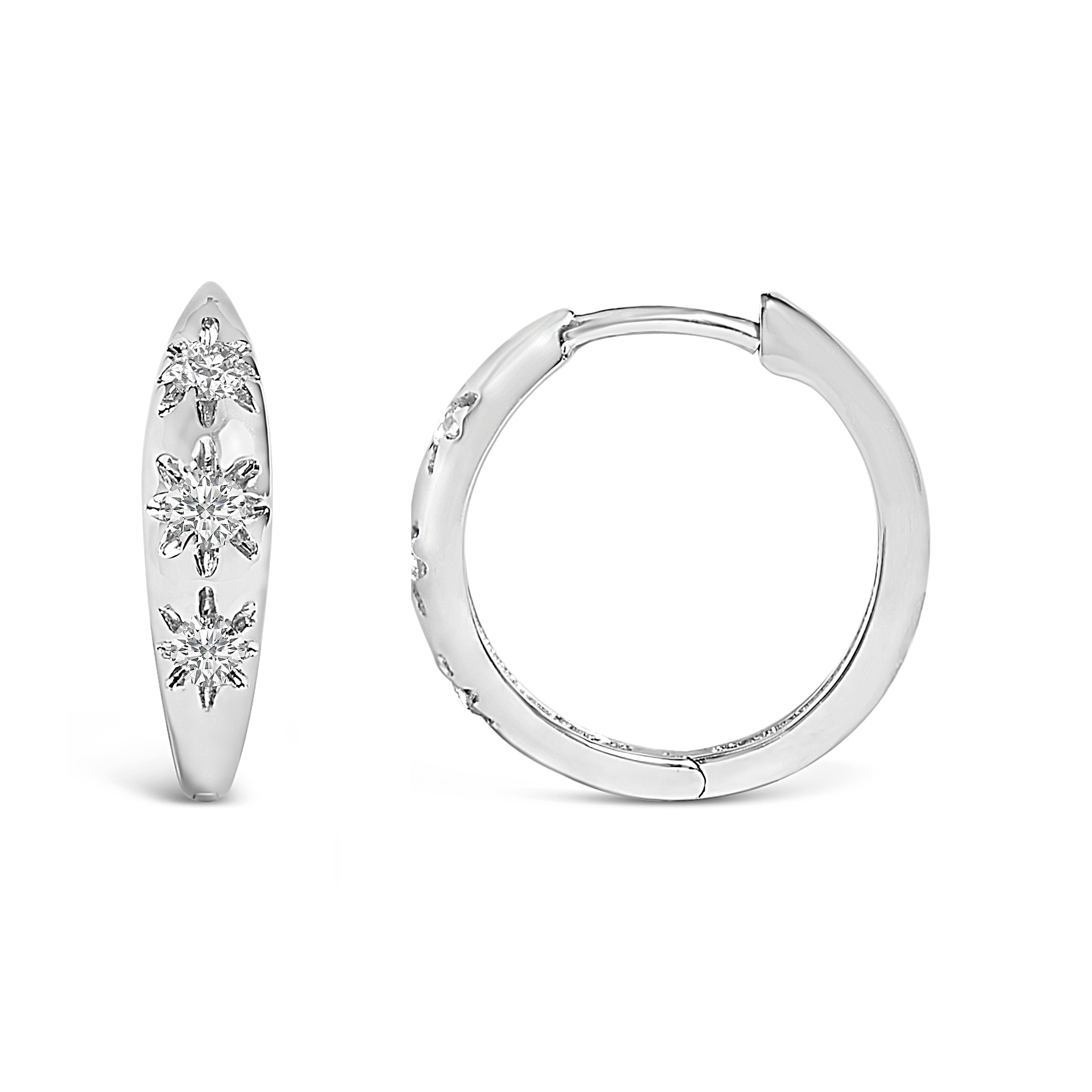 10K White Gold 1/5 Cttw Lab Grown Diamond Three Stone Huggie Hoop Earrings