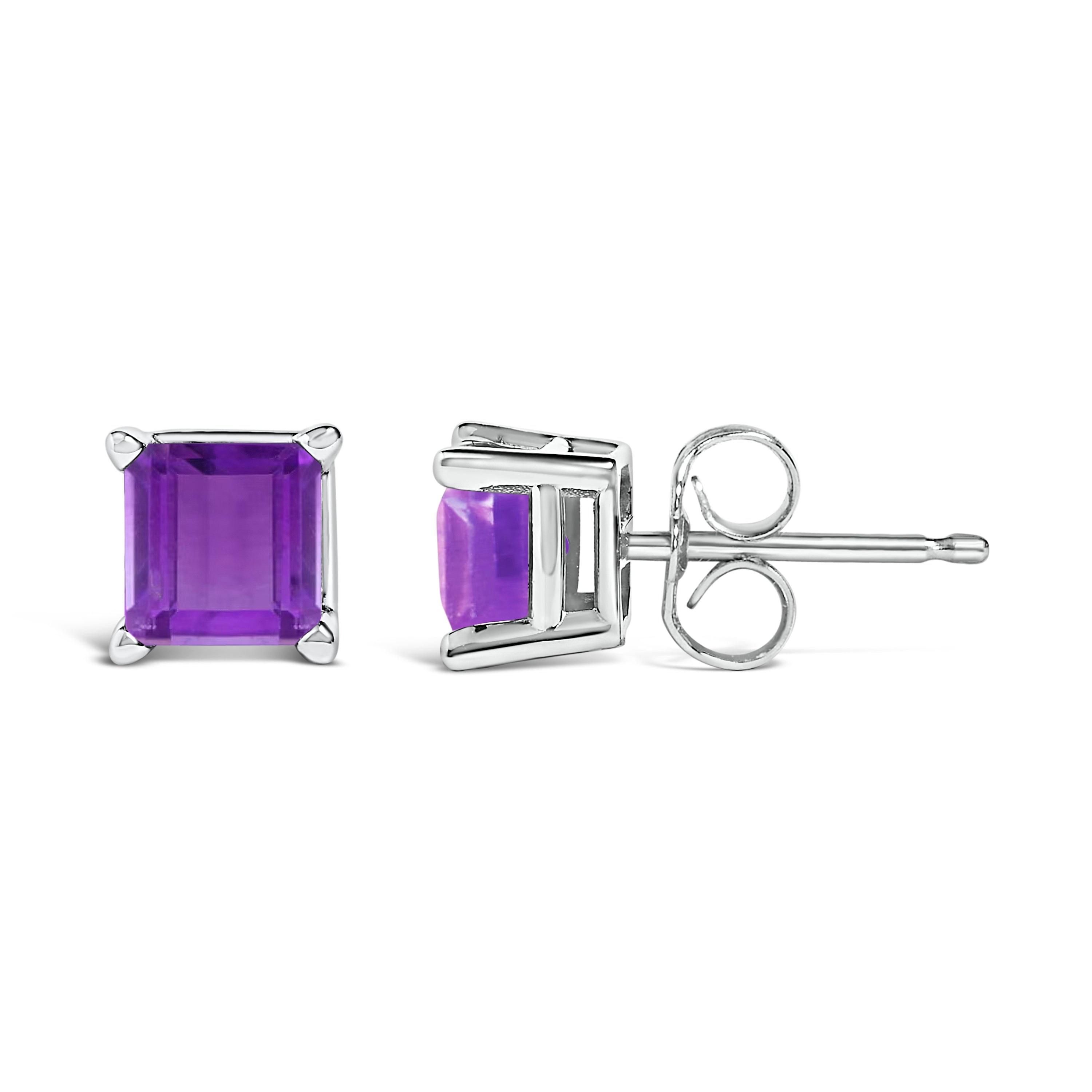 14K White Gold 5x5MM Princess Cut Purple Amethyst Solitaire Stud Earrings