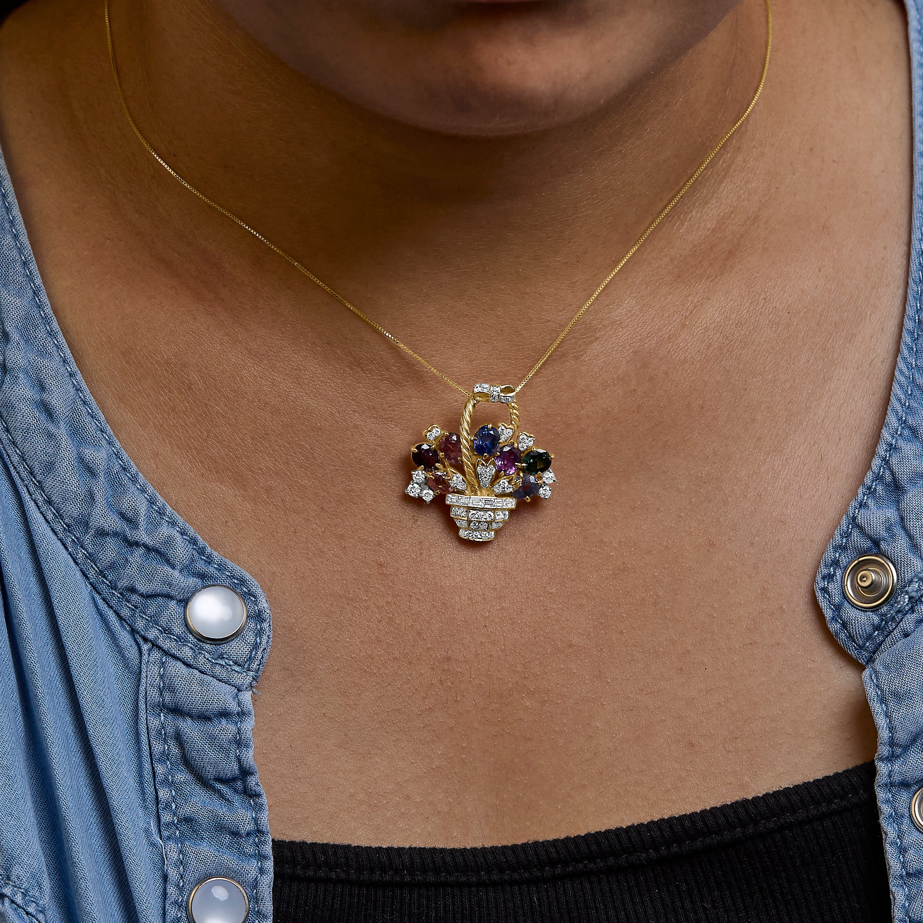 18K Yellow Gold 1 1/10 Cttw Diamond and Mixed Gemstone Floral Bouquet Pendant and Brooch Pin (G-H Color, VS1-VS2 Clarity)