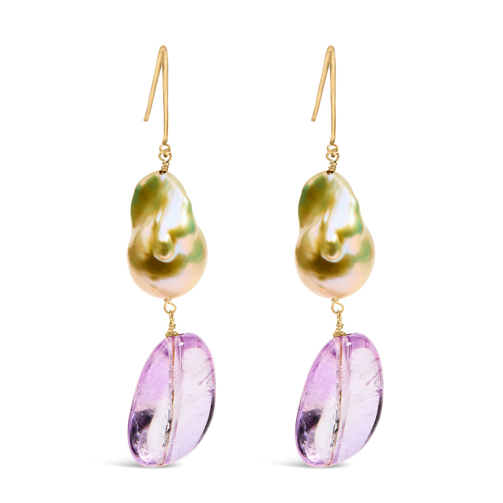 14K Yellow Gold Amethyst and Baroque Pearl Drop and Dangle Earrings 2" Dangle Length