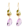 14K Yellow Gold Amethyst and Baroque Pearl Drop and Dangle Earrings 2" Dangle Length