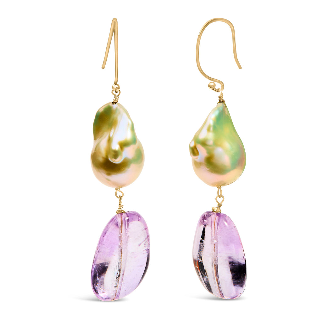 14K Yellow Gold Amethyst and Baroque Pearl Drop and Dangle Earrings 2" Dangle Length