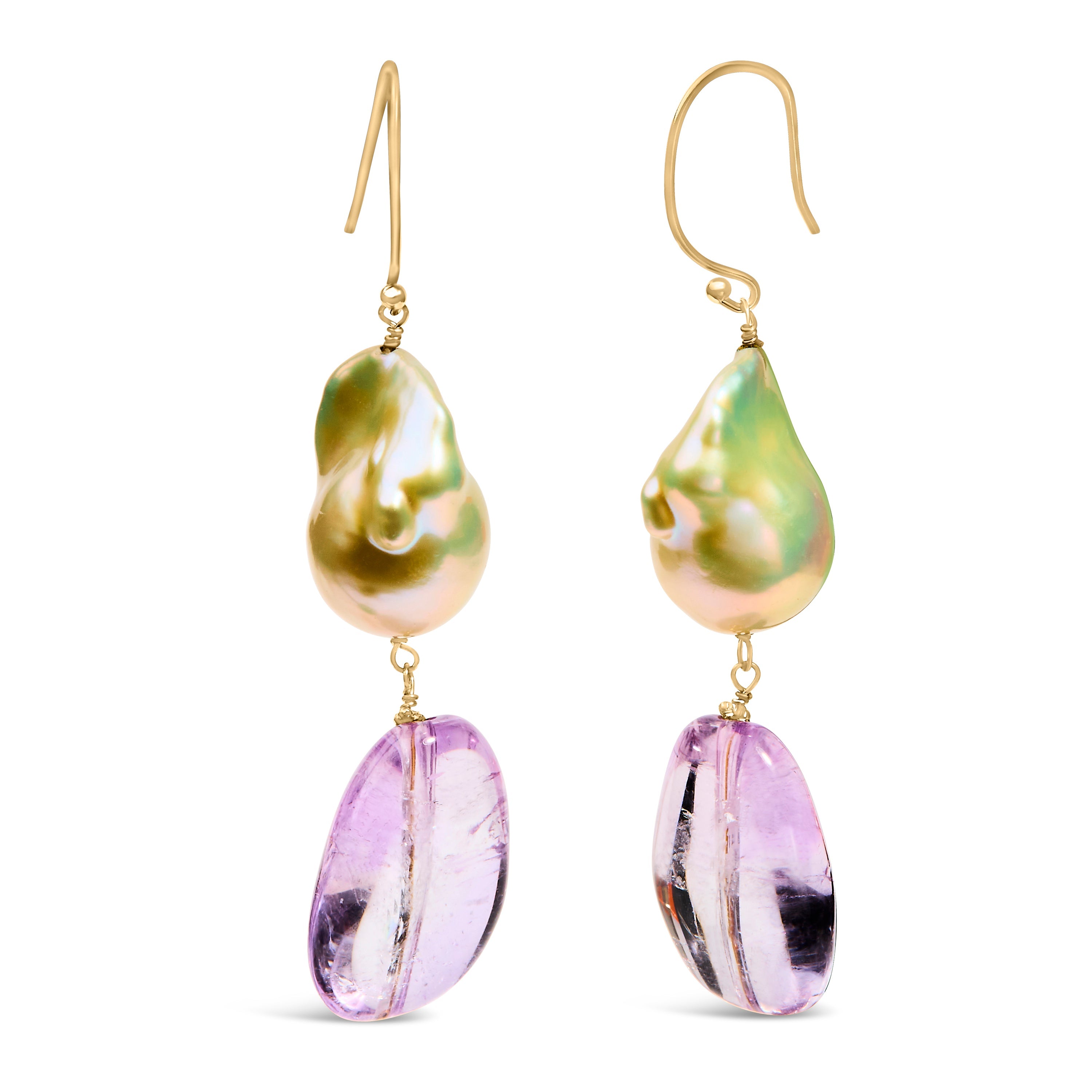 14K Yellow Gold Amethyst and Baroque Pearl Drop and Dangle Earrings 2" Dangle Length