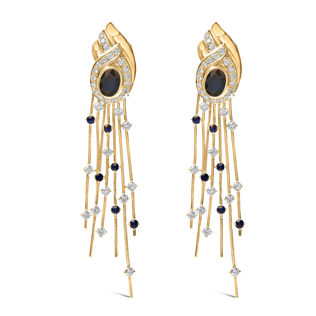 14K Yellow Gold 1.0 Cttw Diamond and Blue Sapphire Chandelier Earrings