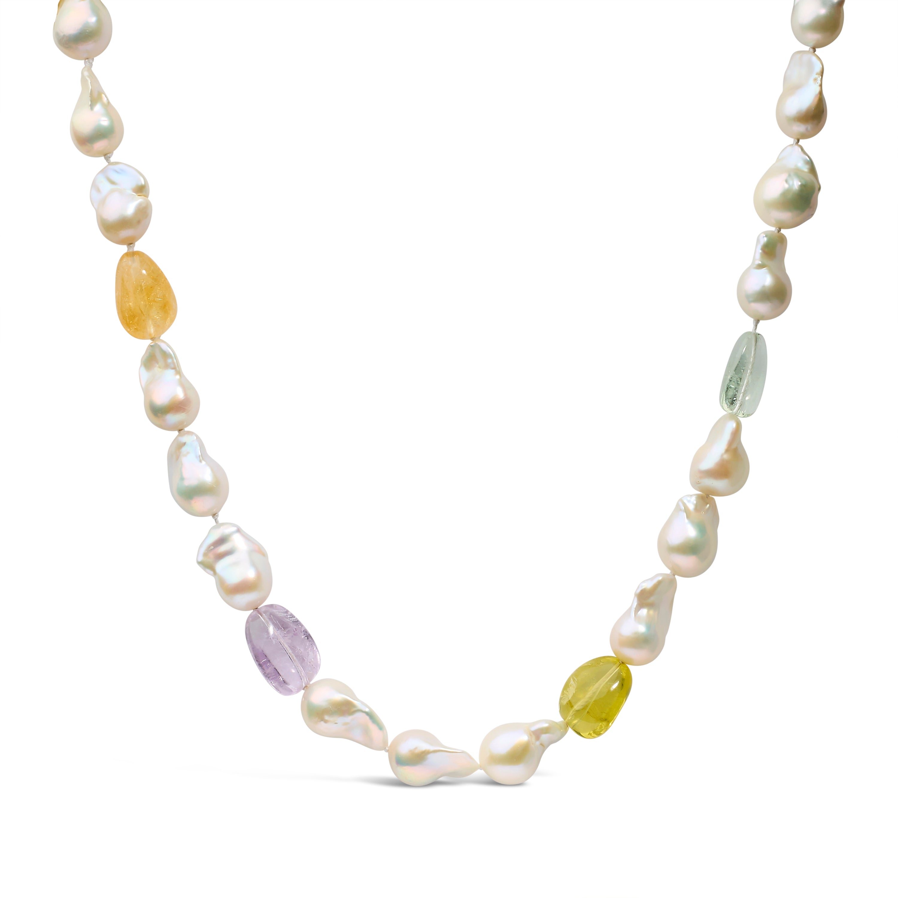 14K Yellow Gold Citrine, Amethyst, and Baroque Pearl Strand Necklace - 18 Inches