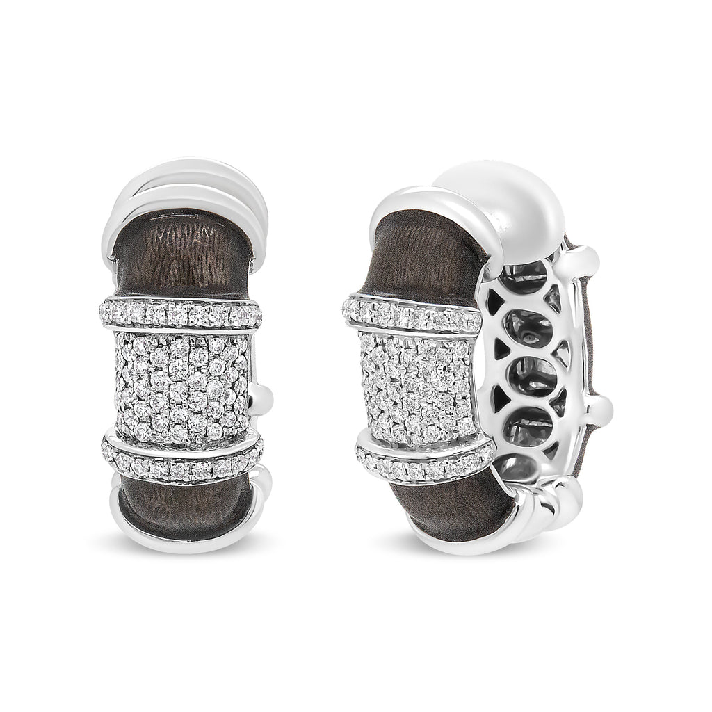 18K White Gold Flash Plated .925 Sterling Silver Clear Graphite Grey Enamel 5/8 Carat Total Weight Round Diamonds Huggie Hoop Earrings (F-G Color, VS1-VS2 Clarity)