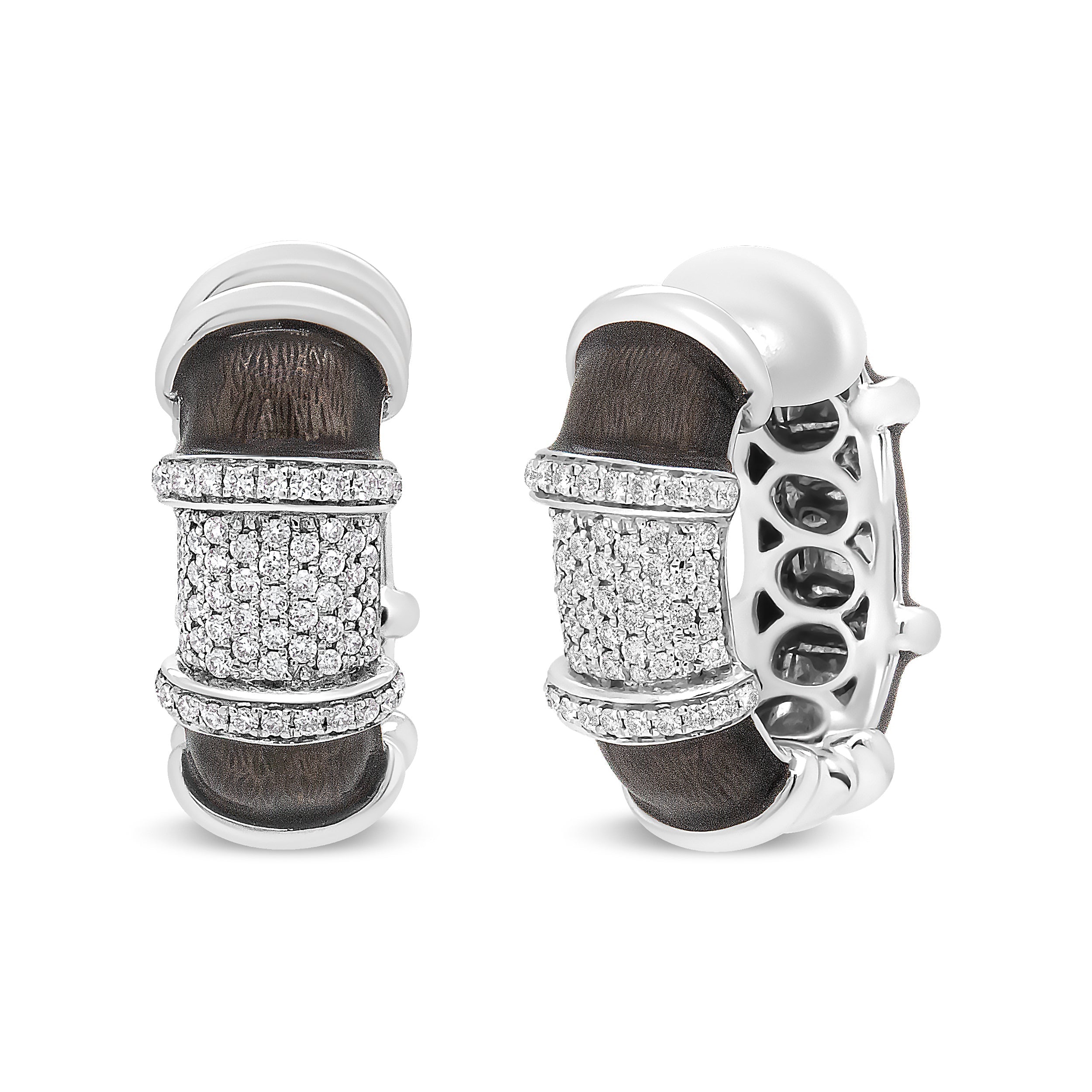 18K White Gold Flash Plated .925 Sterling Silver Clear Graphite Grey Enamel 5/8 Carat Total Weight Round Diamonds Huggie Hoop Earrings (F-G Color, VS1-VS2 Clarity)