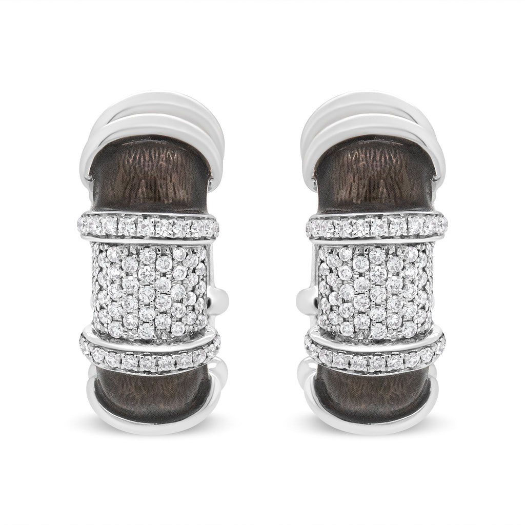 18K White Gold Flash Plated .925 Sterling Silver Clear Graphite Grey Enamel 5/8 Carat Total Weight Round Diamonds Huggie Hoop Earrings (F-G Color, VS1-VS2 Clarity)