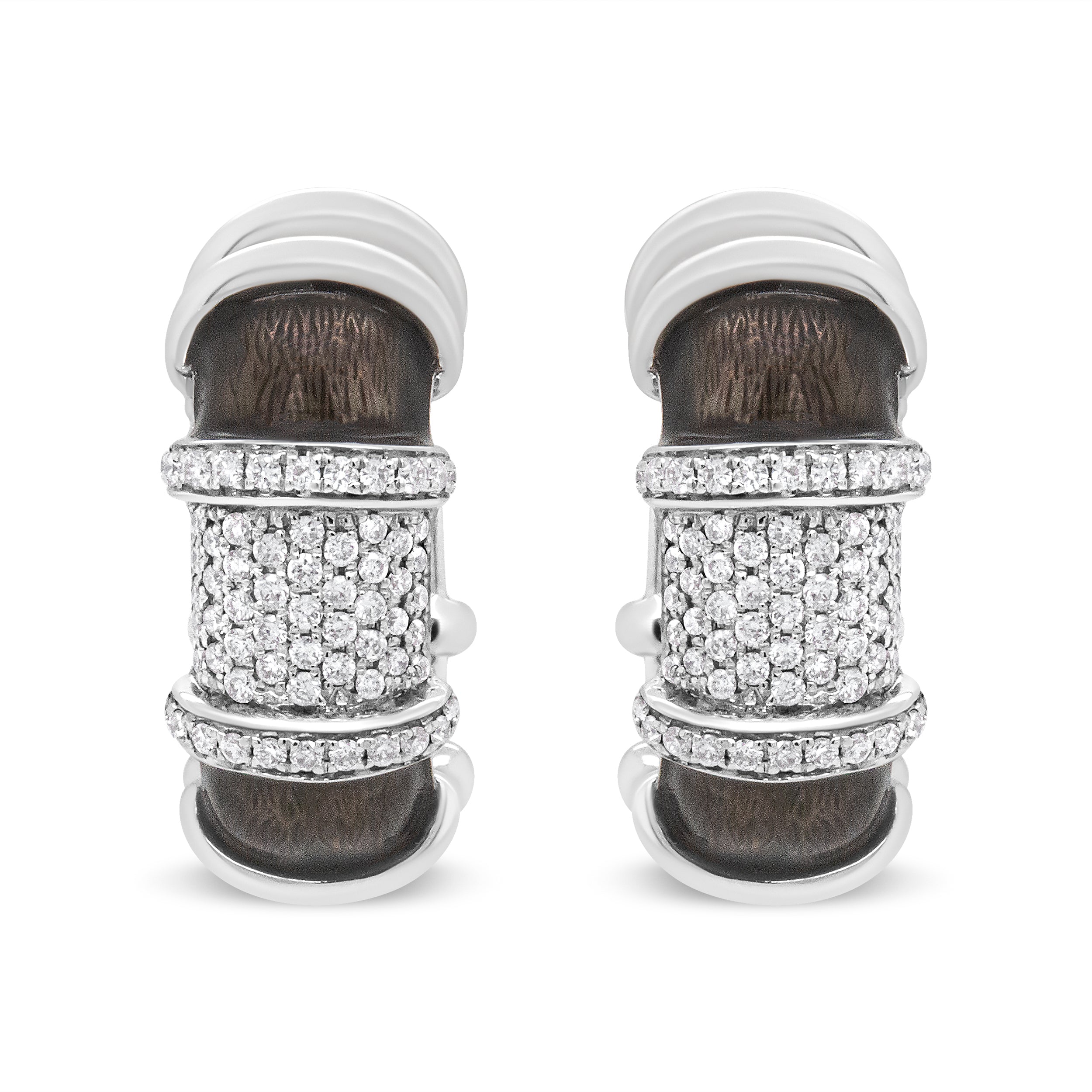 18K White Gold Flash Plated .925 Sterling Silver Clear Graphite Grey Enamel 5/8 Carat Total Weight Round Diamonds Huggie Hoop Earrings (F-G Color, VS1-VS2 Clarity)