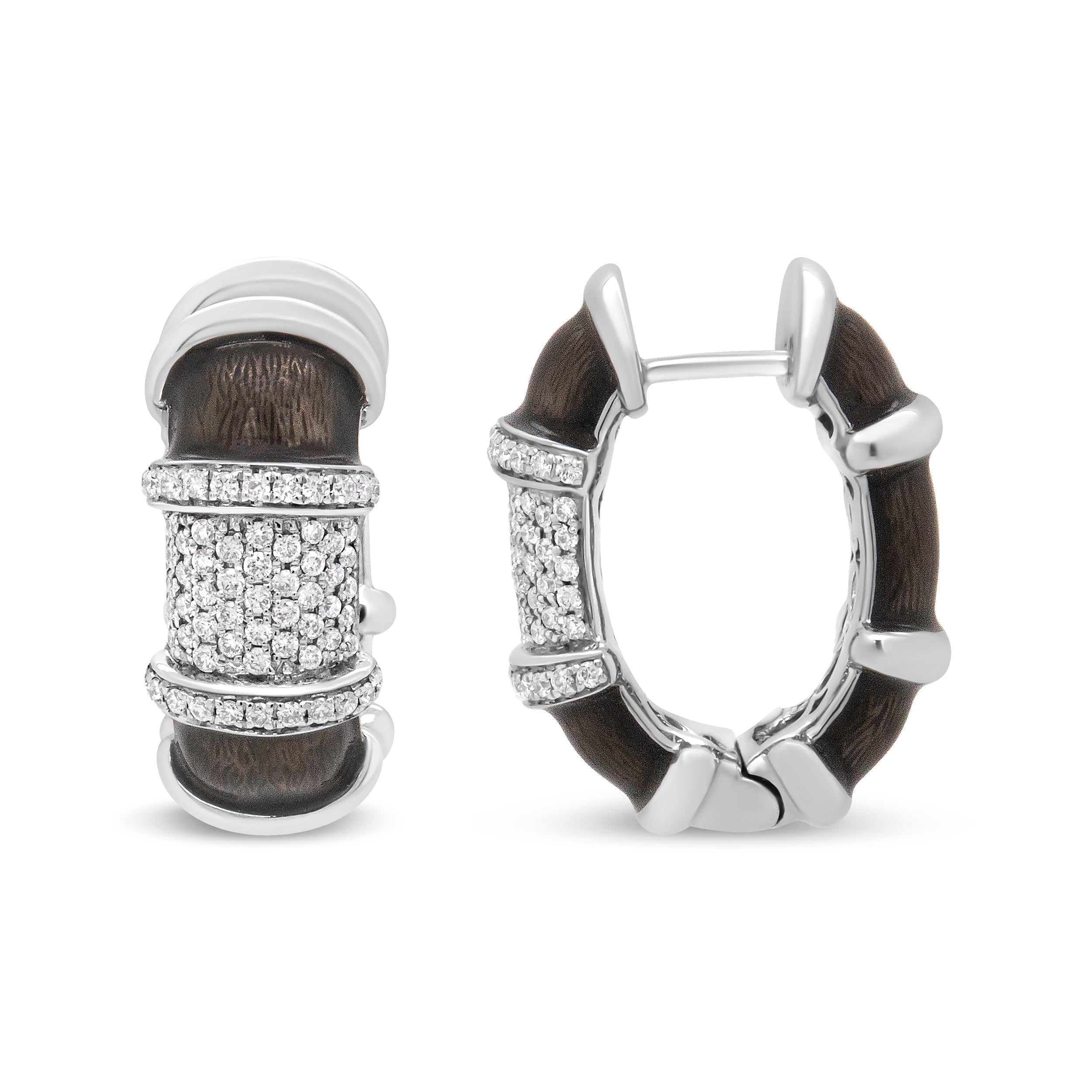 18K White Gold Flash Plated .925 Sterling Silver Clear Graphite Grey Enamel 5/8 Carat Total Weight Round Diamonds Huggie Hoop Earrings (F-G Color, VS1-VS2 Clarity)