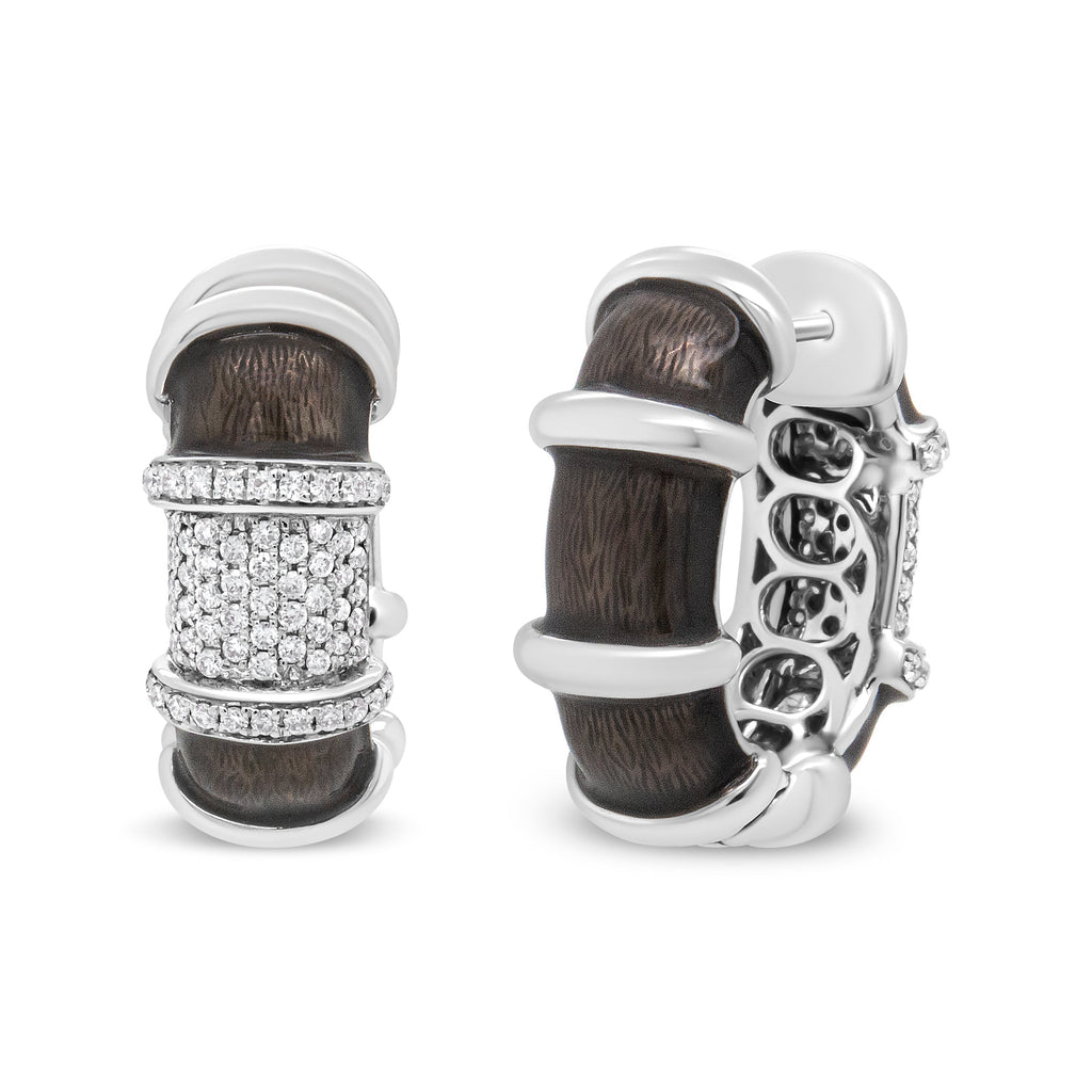 18K White Gold Flash Plated .925 Sterling Silver Clear Graphite Grey Enamel 5/8 Carat Total Weight Round Diamonds Huggie Hoop Earrings (F-G Color, VS1-VS2 Clarity)